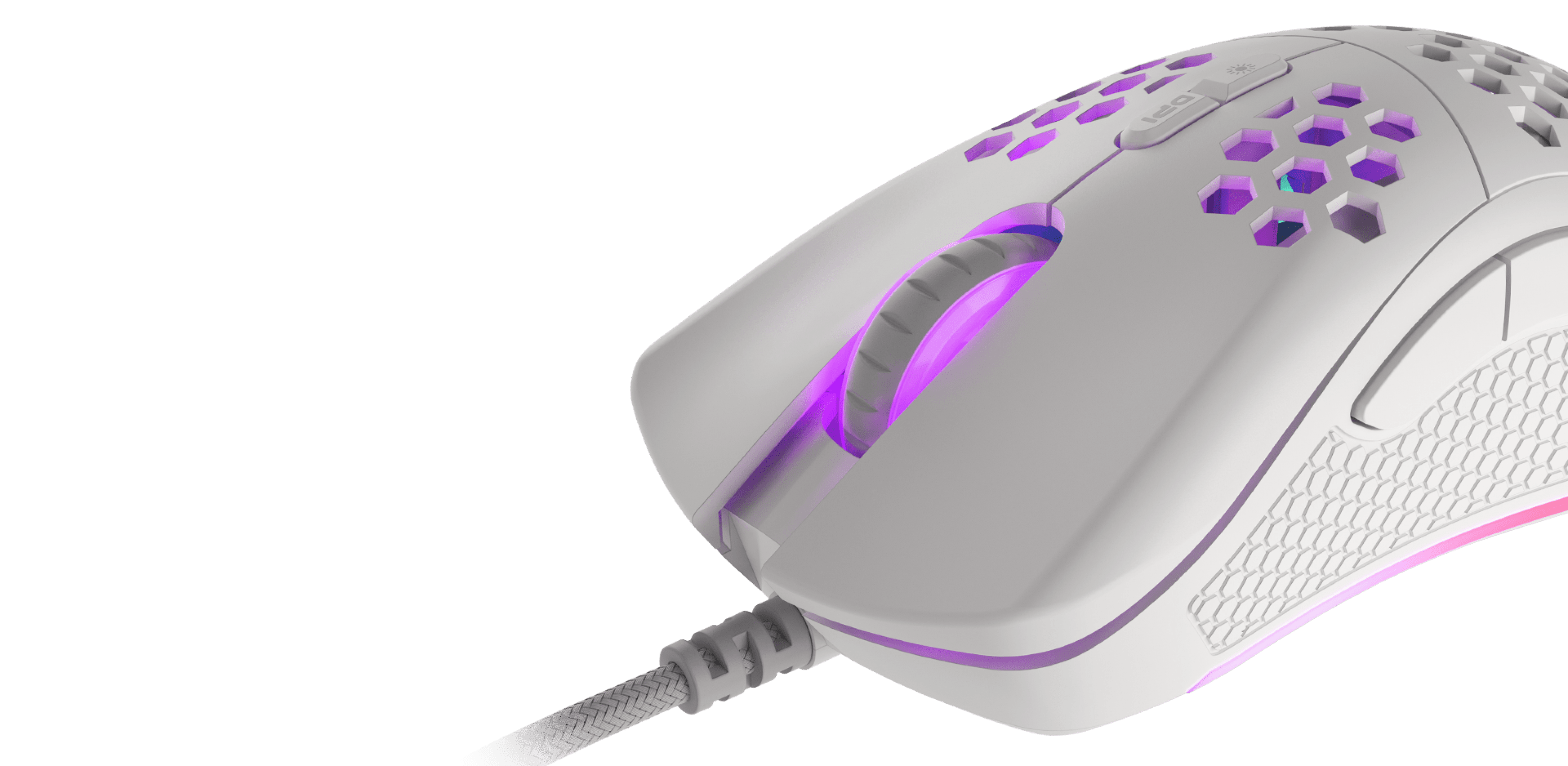 White gaming mouse with RGB lighting, featuring hexagonal design elements and programmable buttons