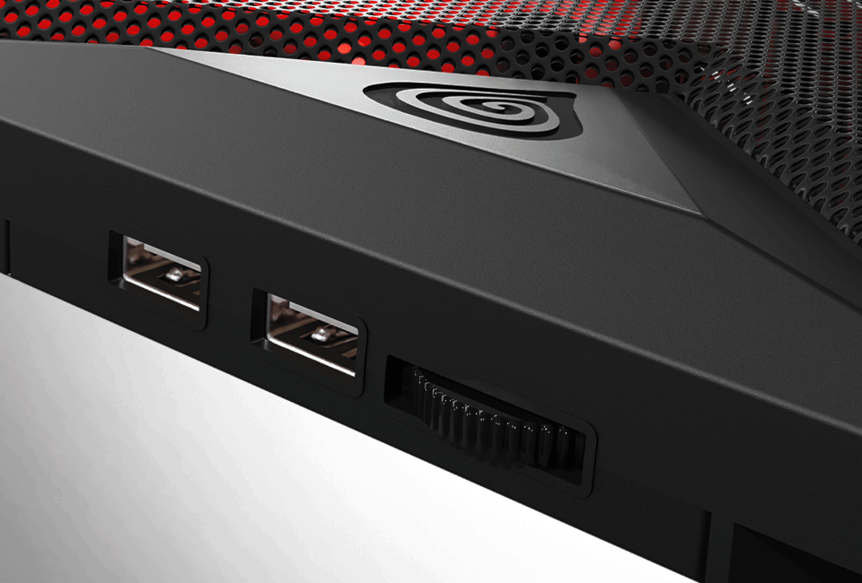Laptop cooling pad with four fans, LED lighting, and two USB ports for enhanced performance and connectivity