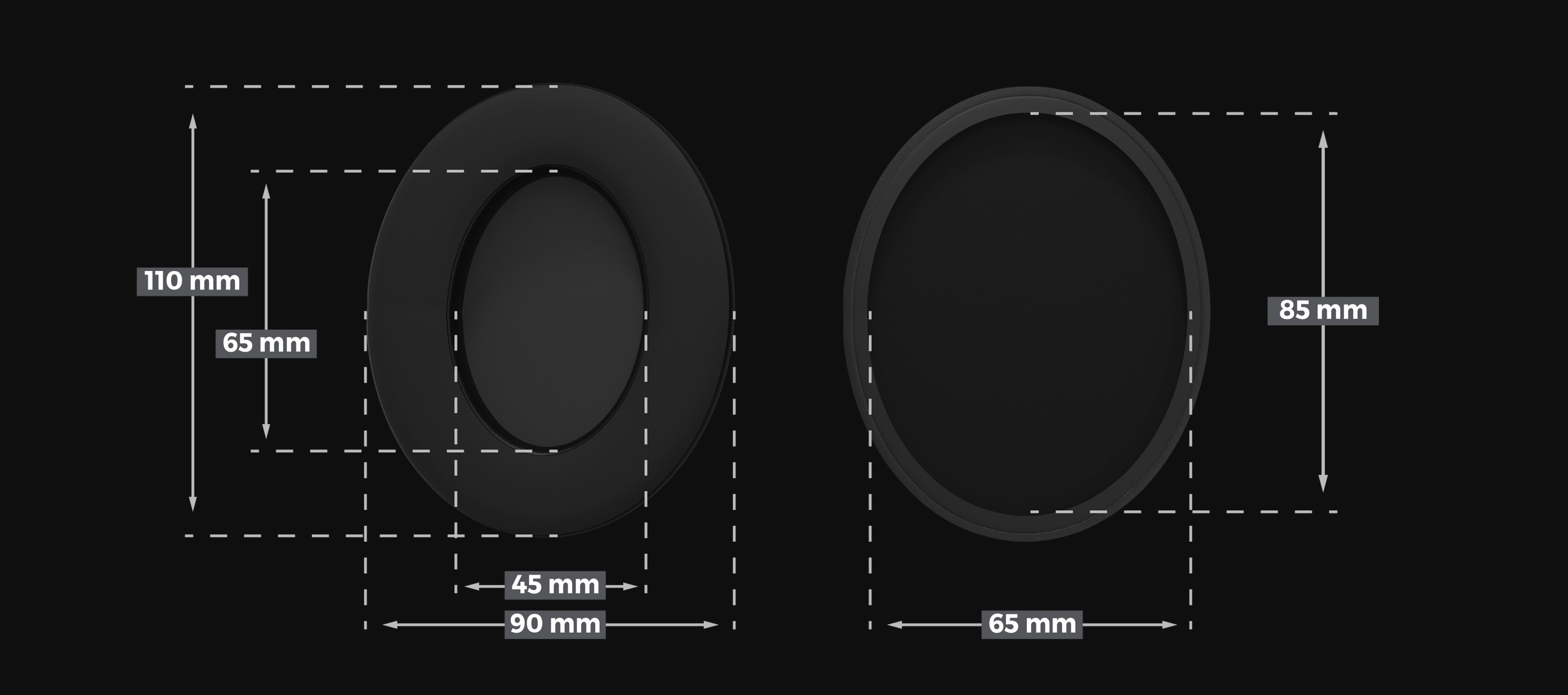 Hybrid ear pads for Genesis Toron EP01 headphones, featuring labeled dimensions for size reference