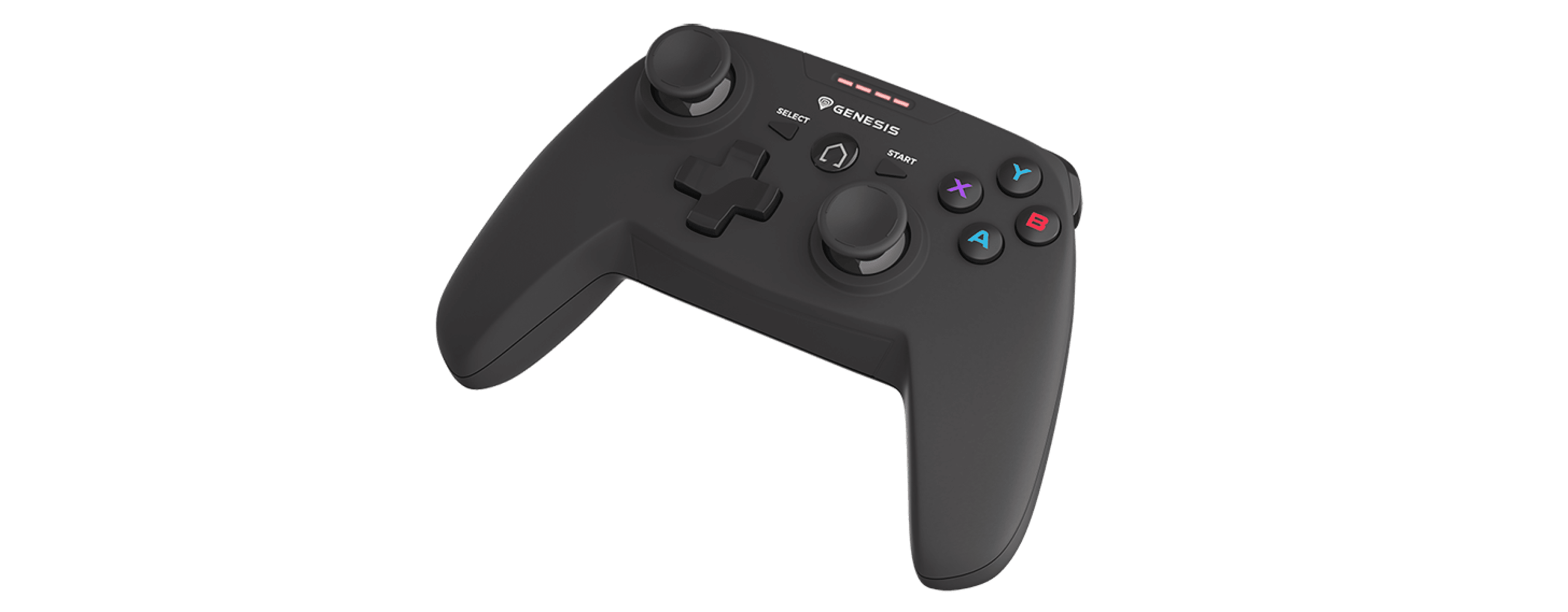Game controller with two joysticks, action buttons, and a directional pad.