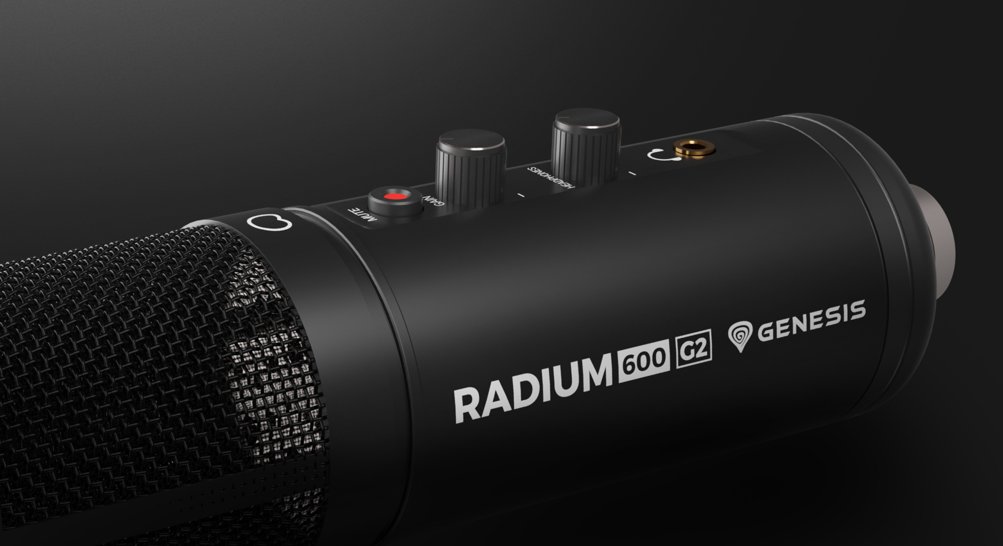 Close-up of the Genesis Radium 600 G2 USB studio microphone, showing knobs and branding on a sleek black design