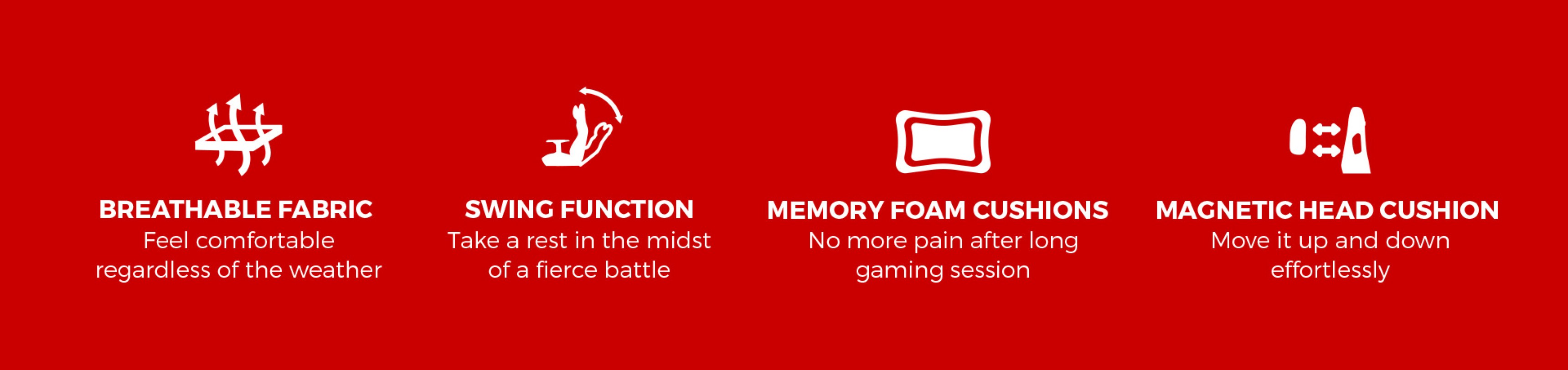 Features of the Genesis Nitro 660 gaming chair: breathable fabric, swing function, memory foam cushions, and magnetic head cushion