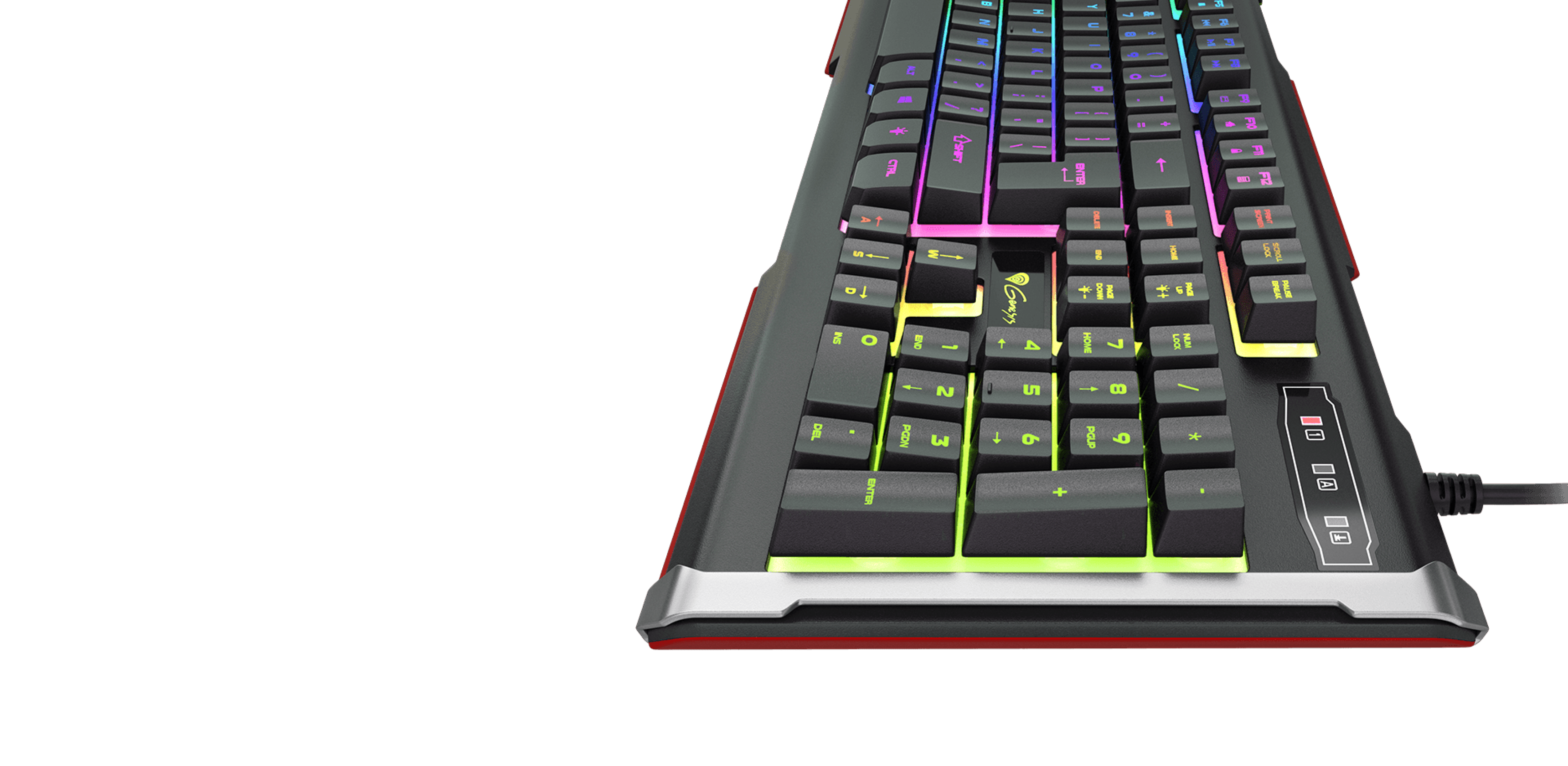 Keyboard with colorful backlighting and a connected cable, angled from the side view.