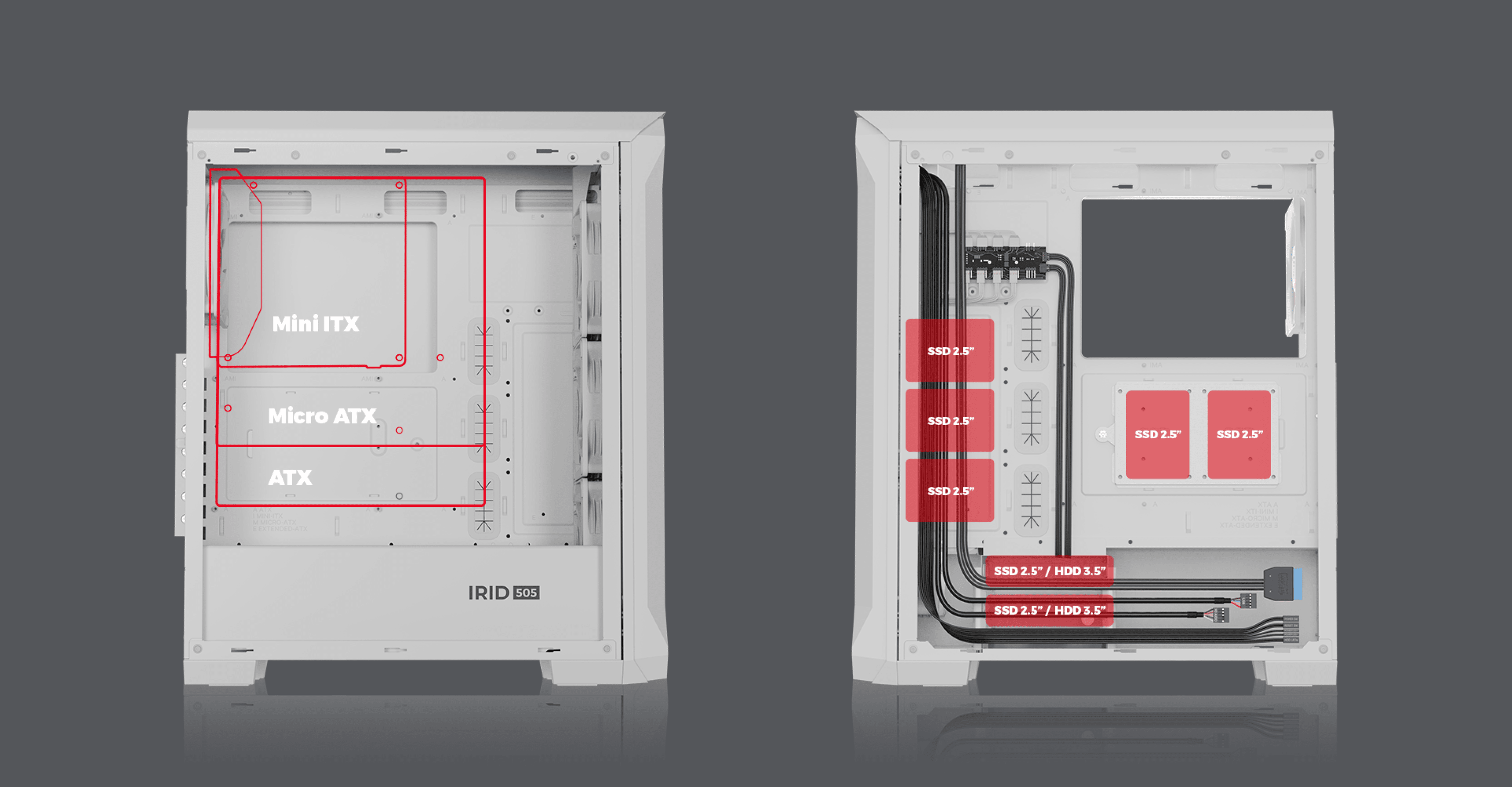White Genesis IRID 505 ARGB V2 MIDI tower case with window, showing motherboard compatibility sizes and internal layout
