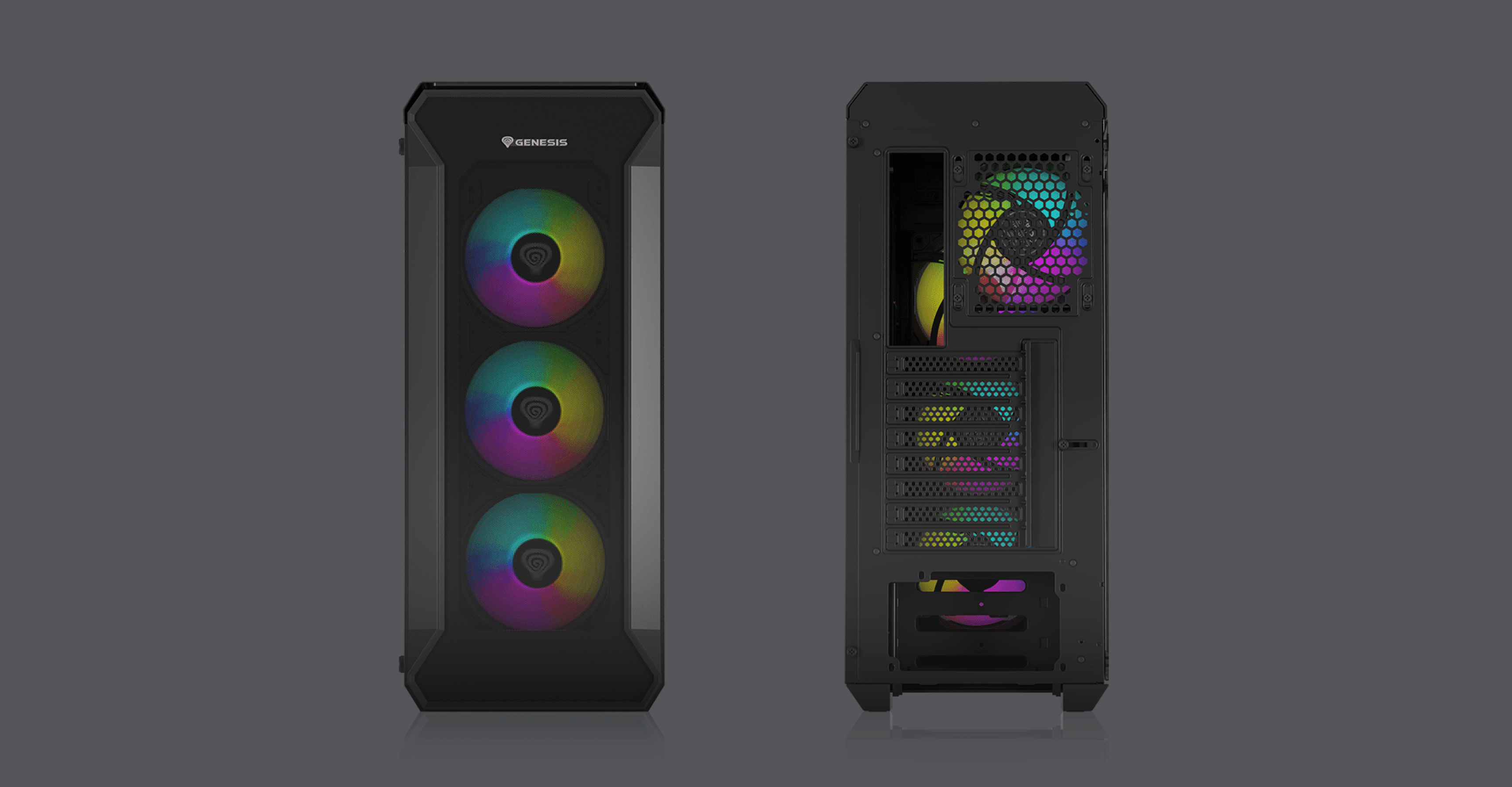 Black MIDI tower case with a glass side panel and three front ARGB fans, showcasing interior with colorful lighting