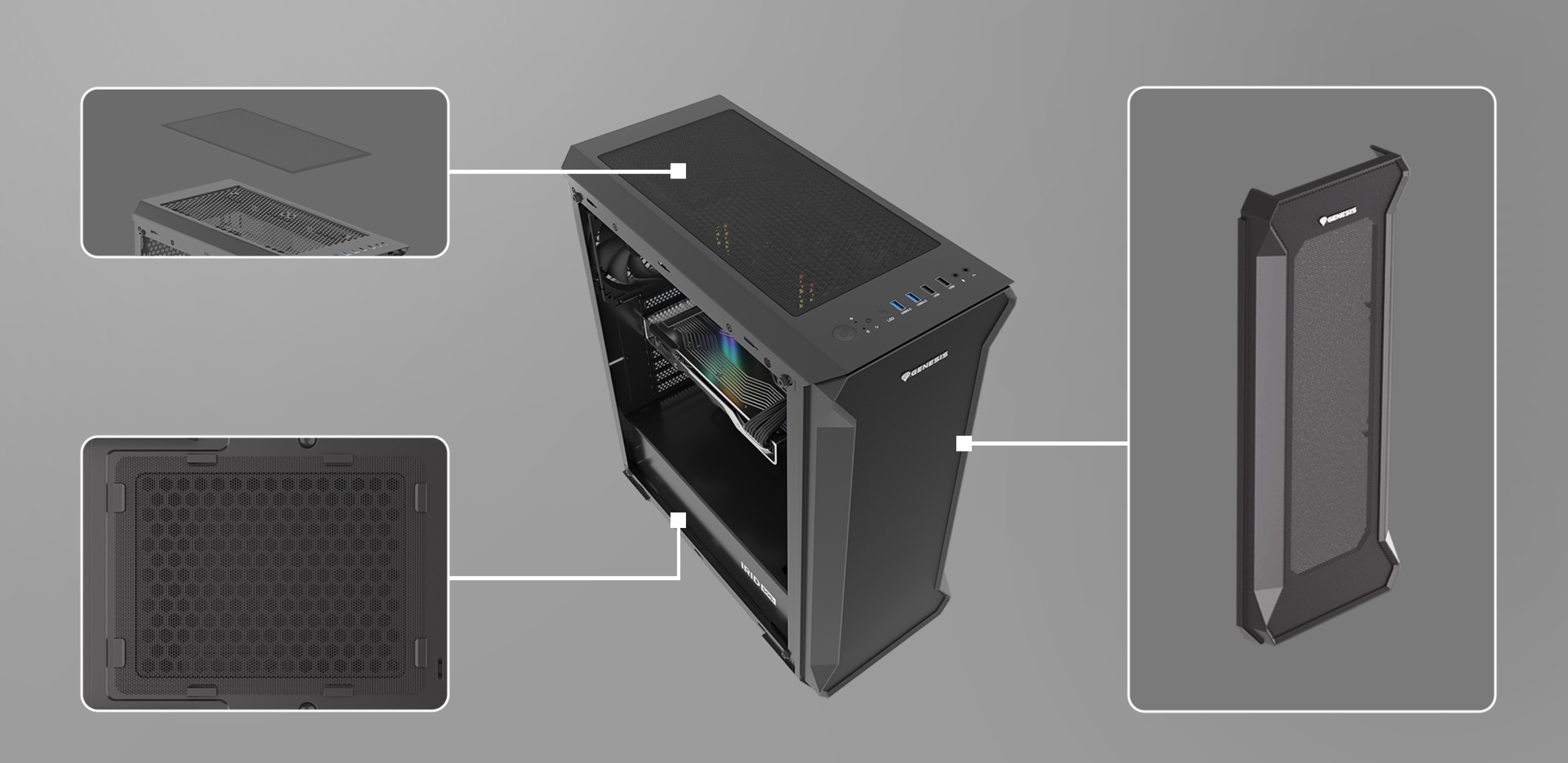 Black Genesis Irid 505F MIDI tower case with window, featuring removable mesh panel for airflow and top controls