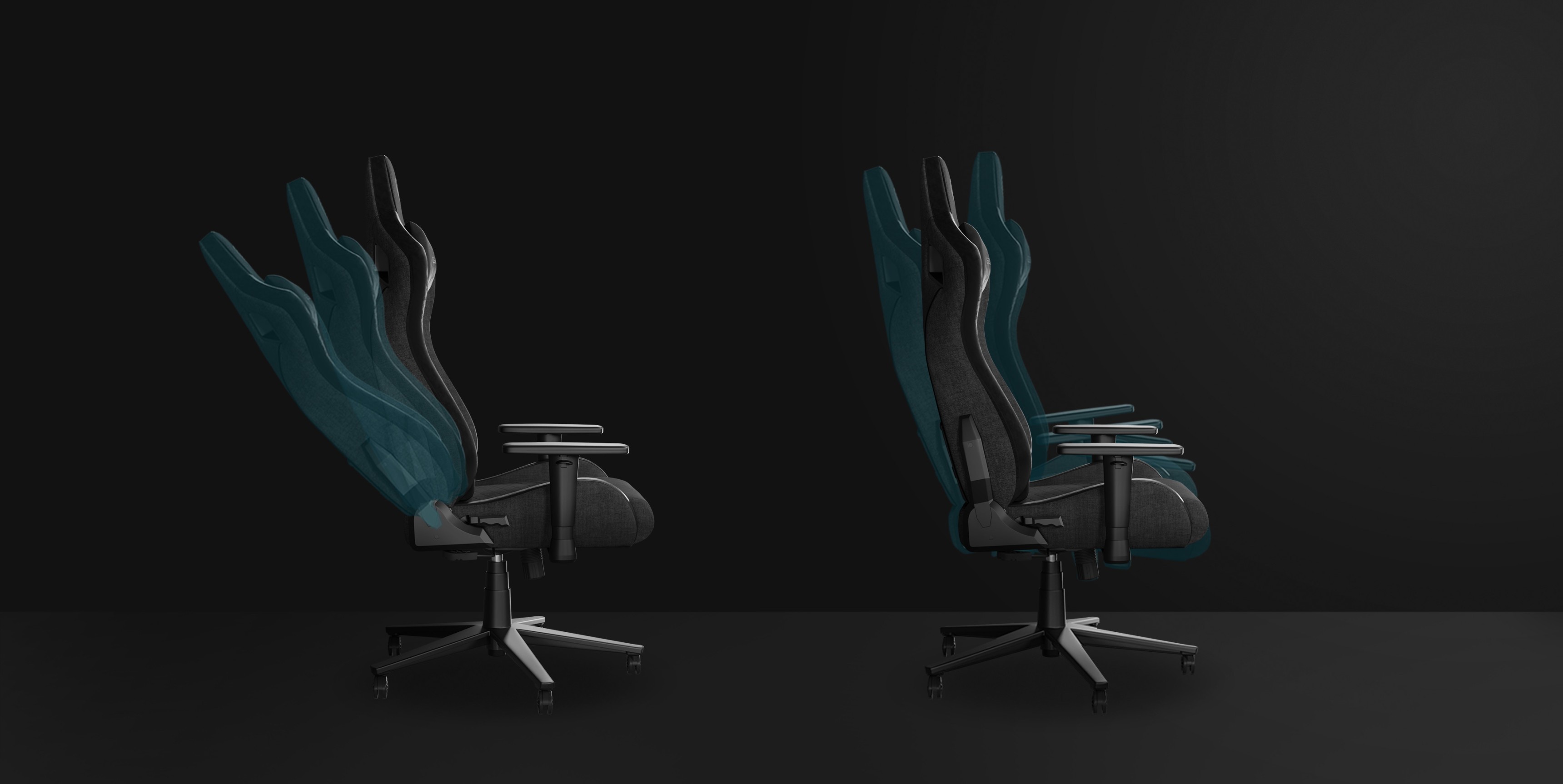 Gaming chair Genesis Nitro 660 in gray, showcased in two reclining positions against a dark background