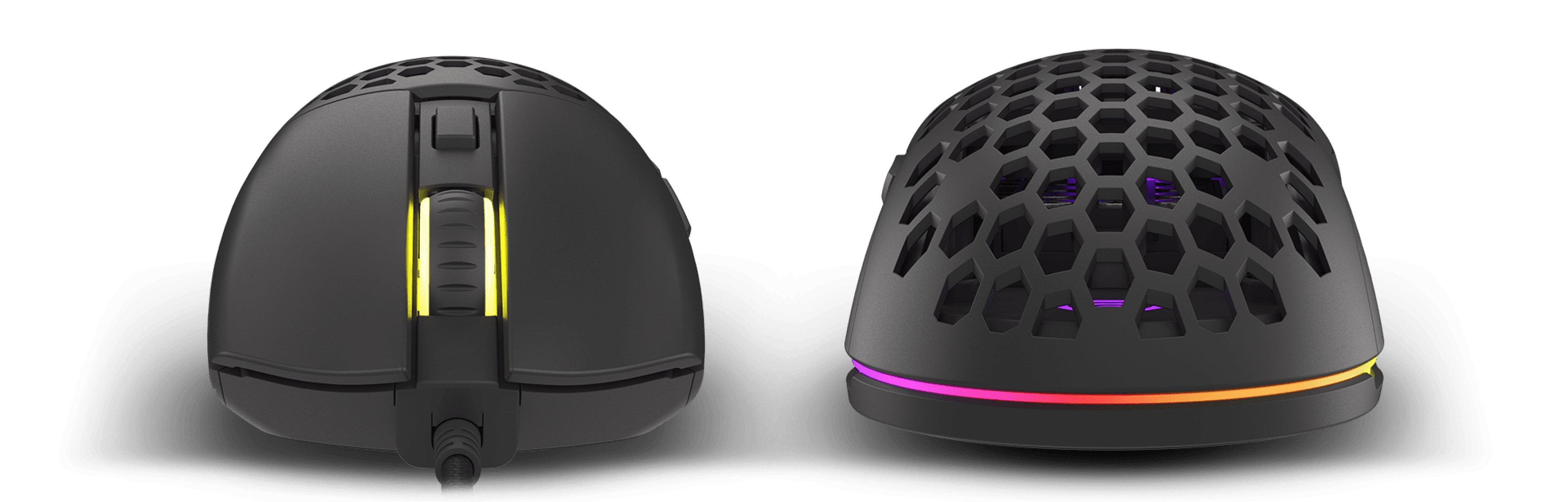 Lightweight black gaming mouse with RGB lighting, featuring a honeycomb design and an adjustable DPI of up to 8000
