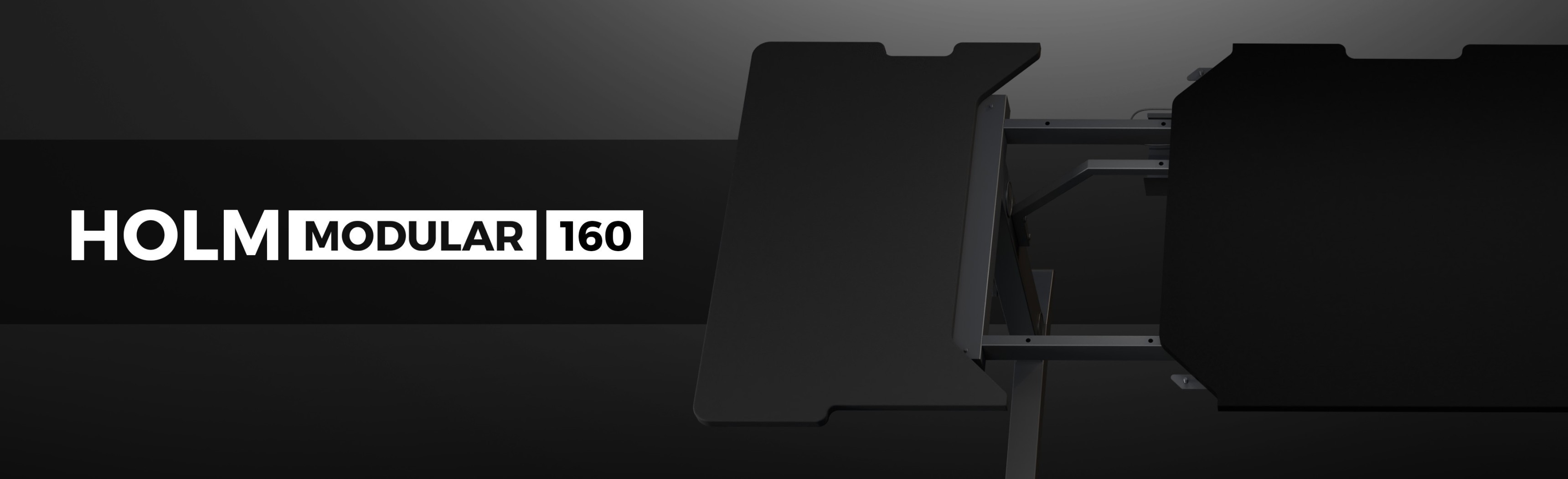 Black gaming desk with a sleek, modern design featuring the "HOLM MODULAR 160" branding