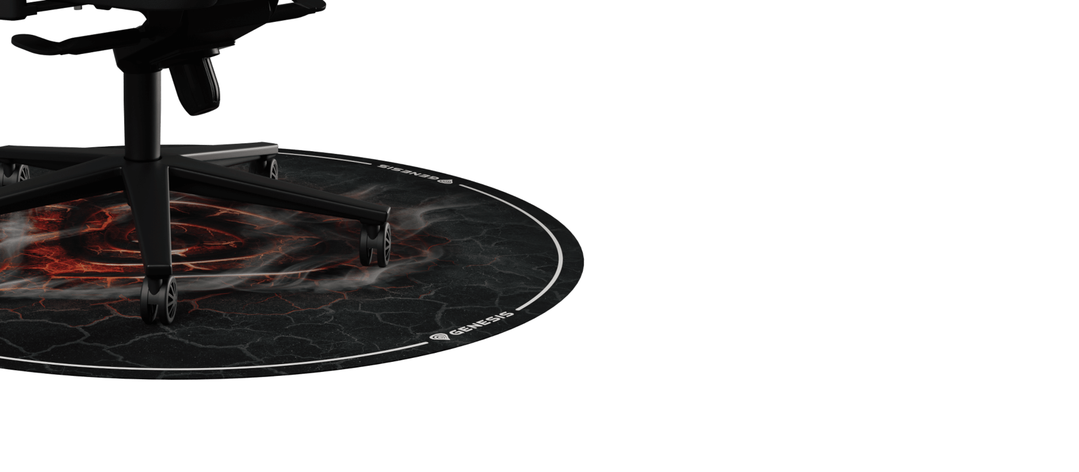 Round protective mat with a lava-like design, measuring 100 cm, for use under a chair. Black and red color scheme