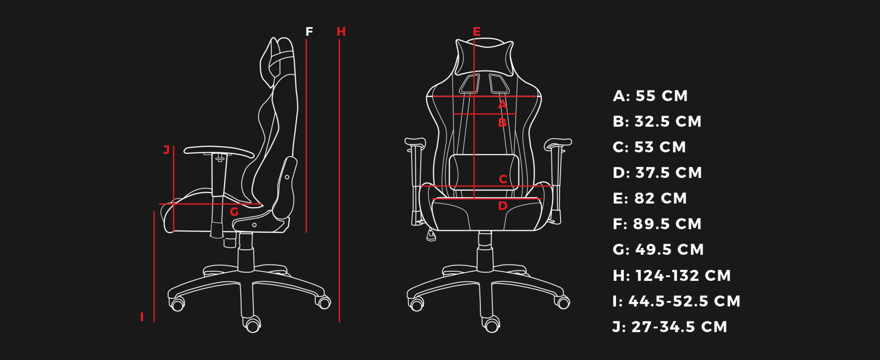 Dimensions and specifications for the Genesis Trit 500 RGB gaming chair in black, with red indicators for size measurements