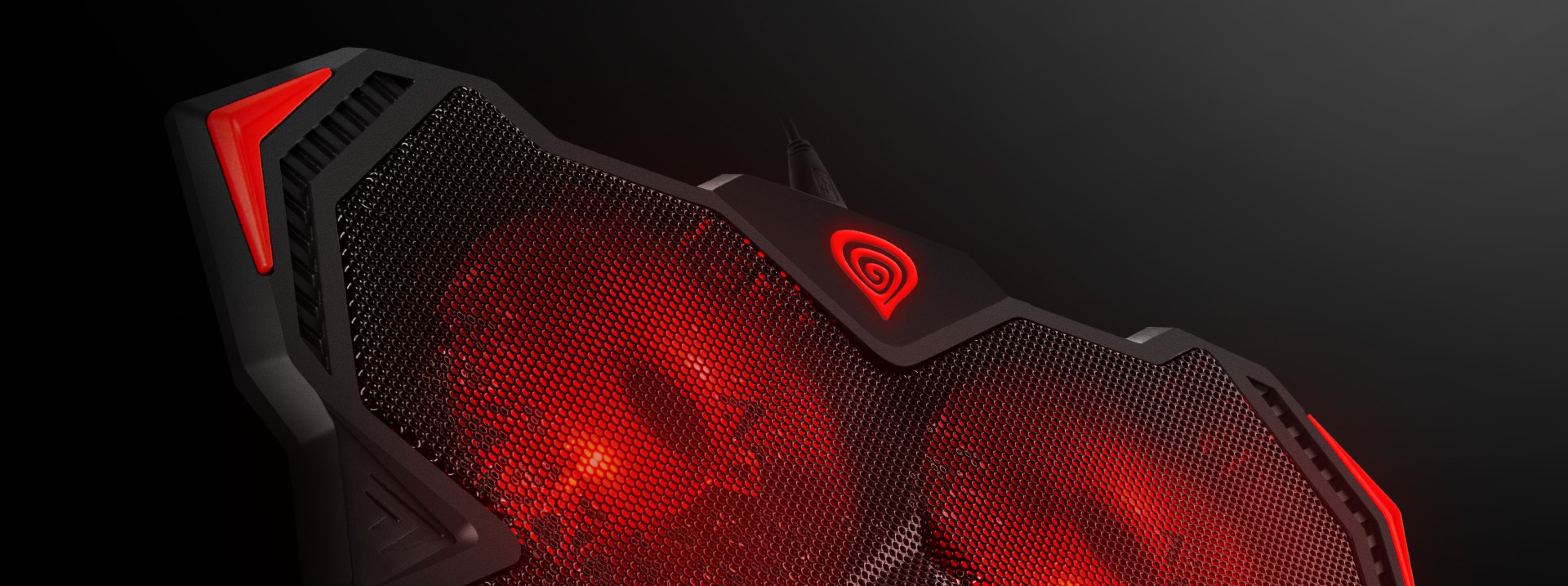 Cooling device featuring prominent red lighting and mesh for airflow.