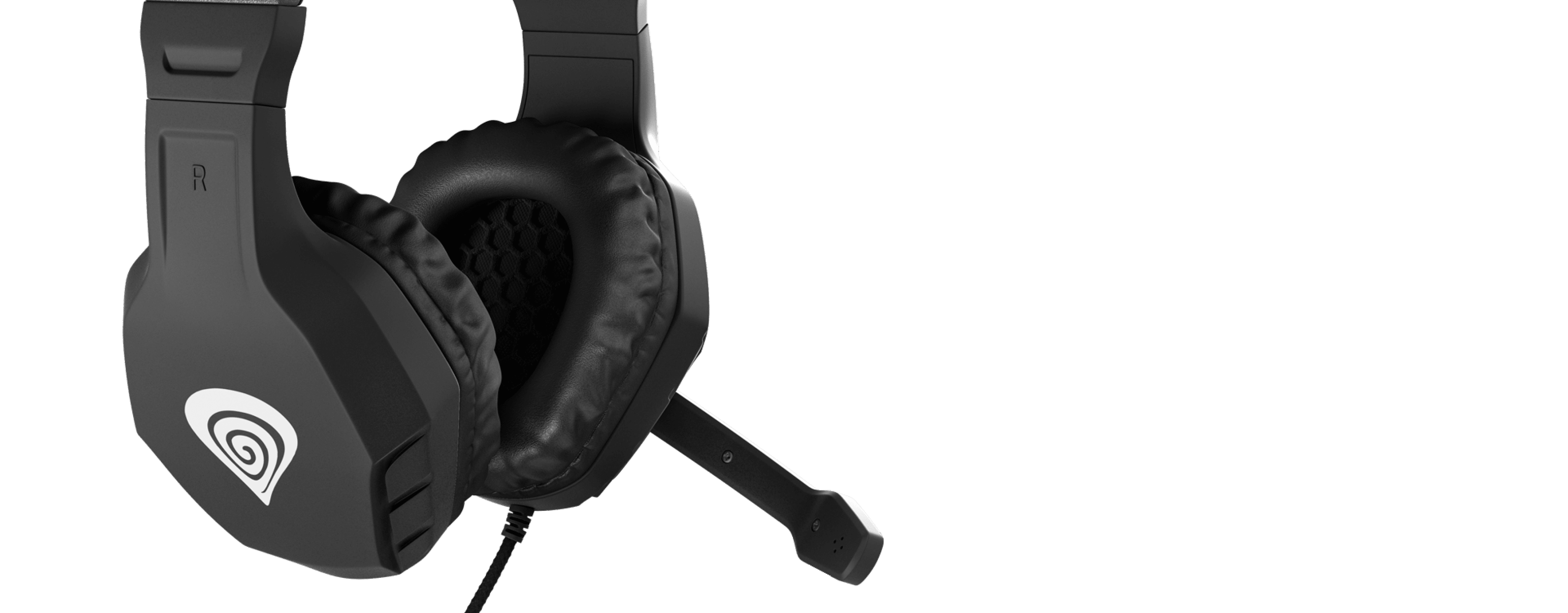 Black Genesis Argon 200 over-ear headphones with a microphone, featuring cushioned ear pads and a sleek design
