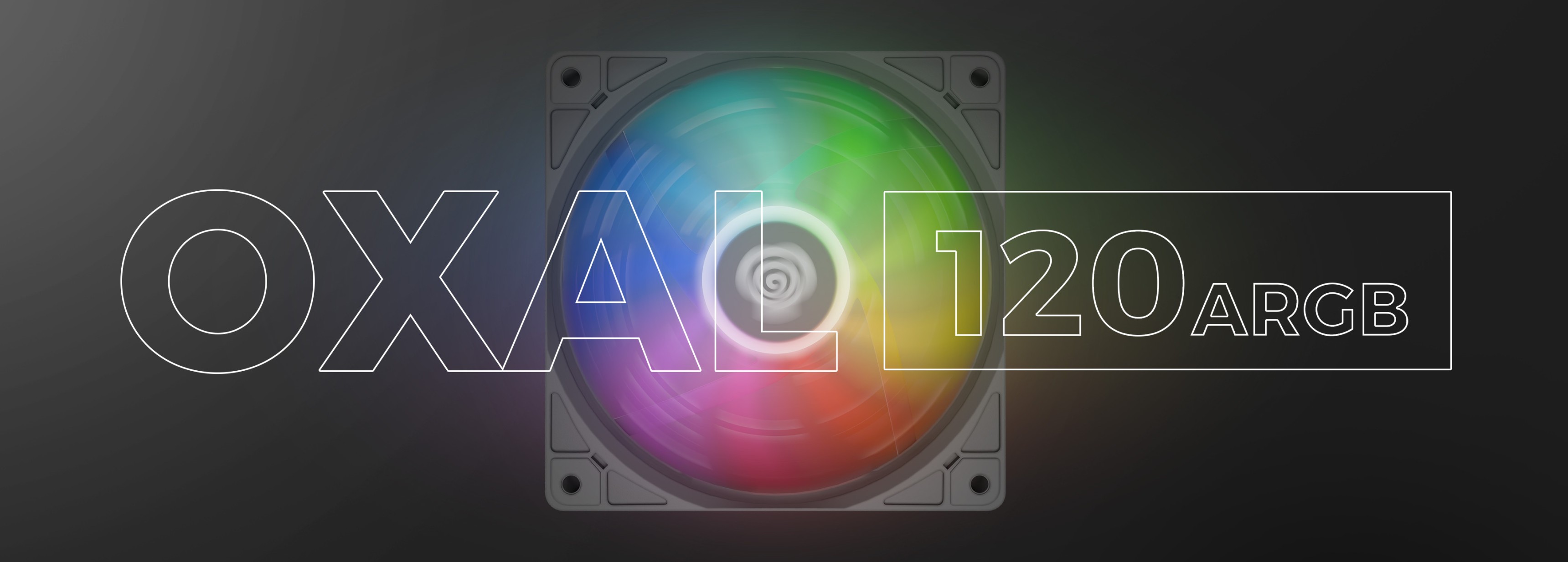 Black ARGB fan with a colorful, illuminated center, labeled "OXAL 120 ARGB" on a dark background