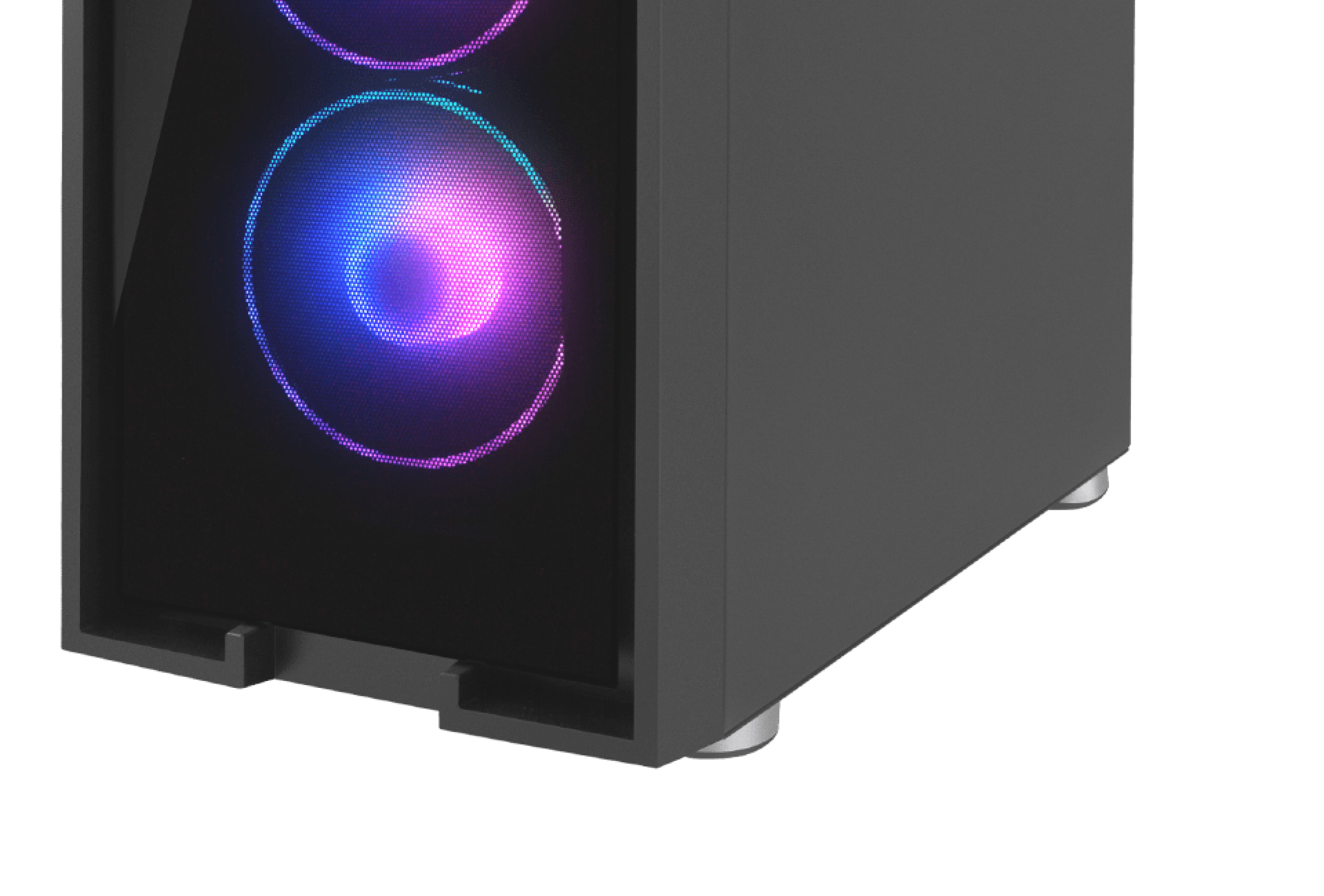 Desktop computer case with a glass front panel and colorful LED fans visible inside.