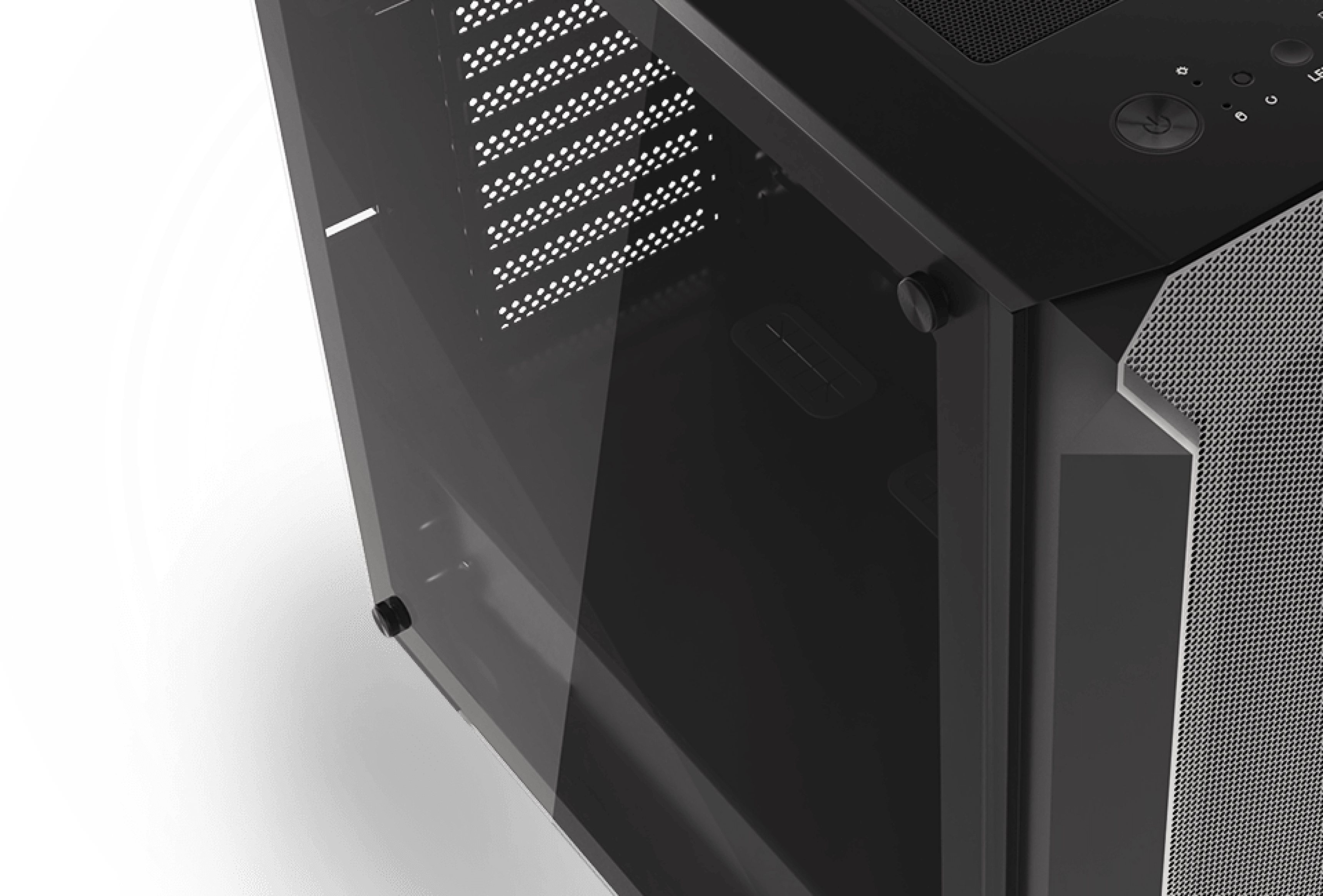 Black Genesis IRID 505 V2 MIDI tower case with a transparent side window and vented front panel