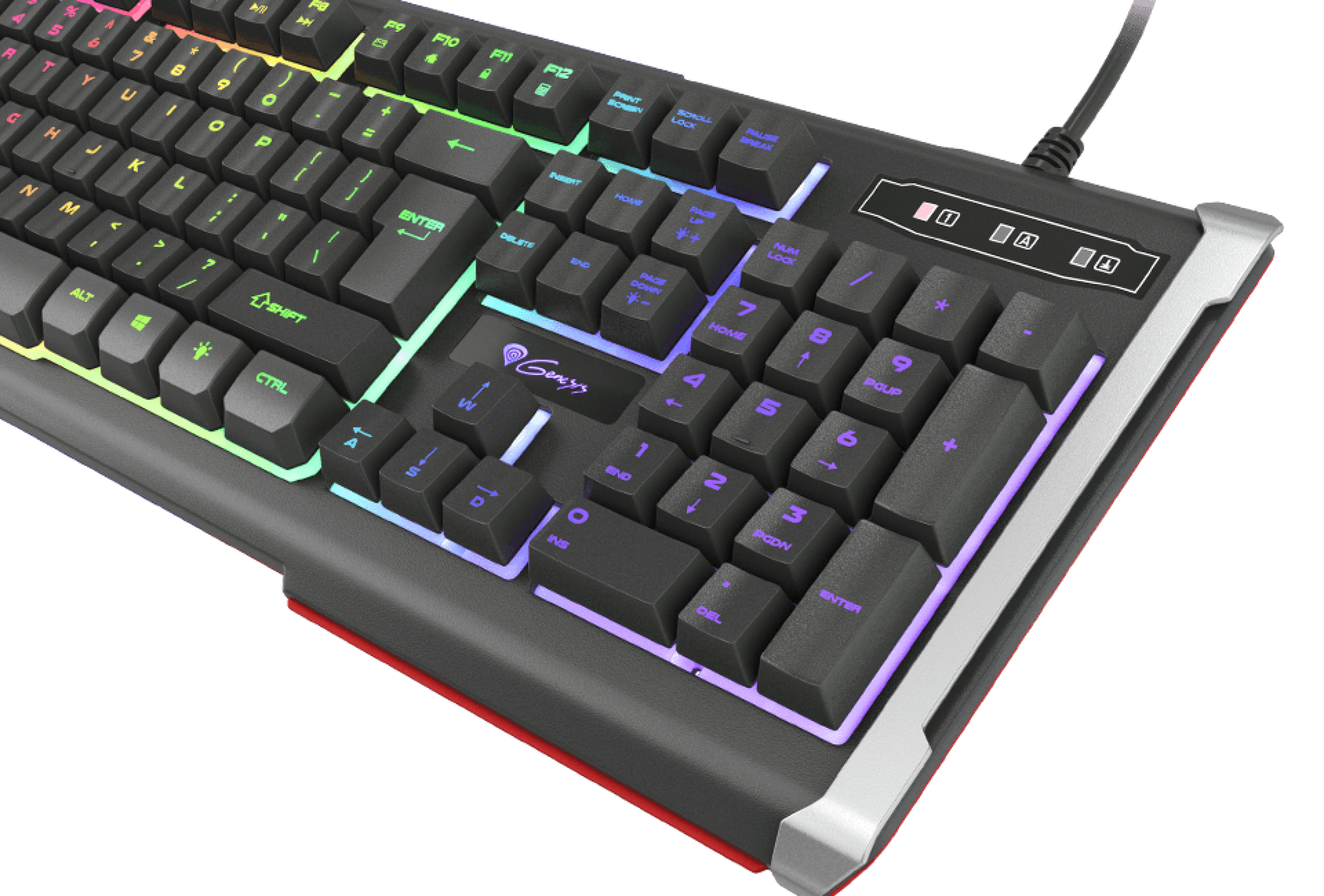 Keyboard with colored backlighting and a connection cable attached to the side.
