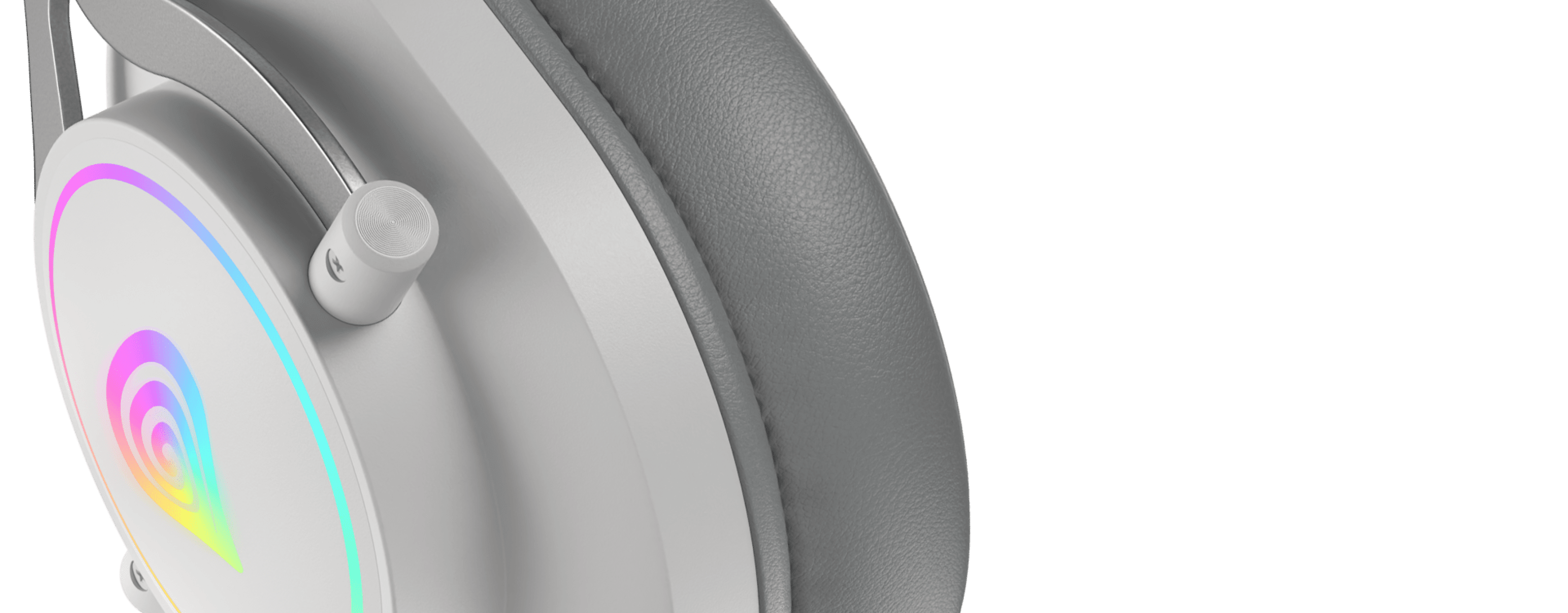 Headphones with a round ear cup and a colorful glowing light around the edge.