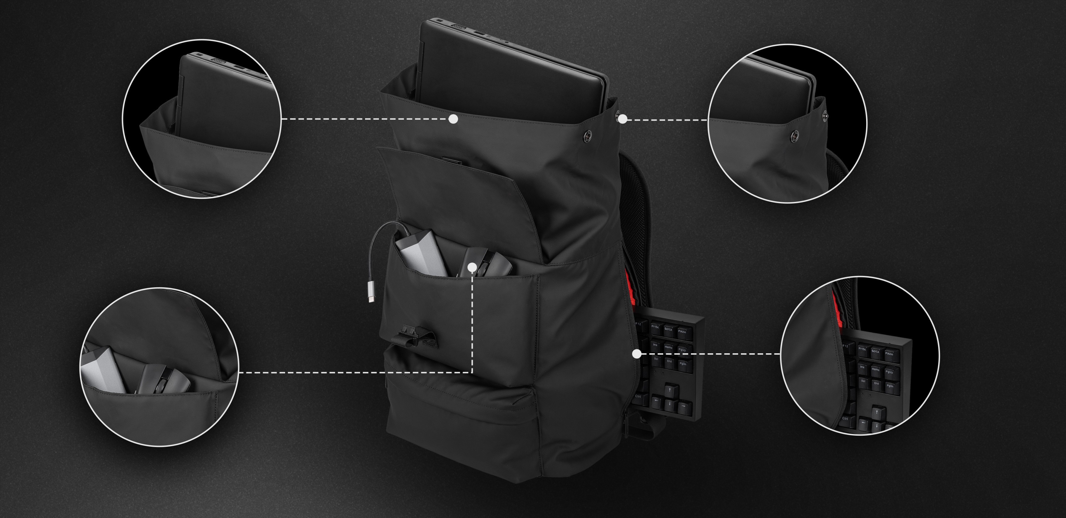 Black backpack with multiple compartments and storage for a laptop and accessories.