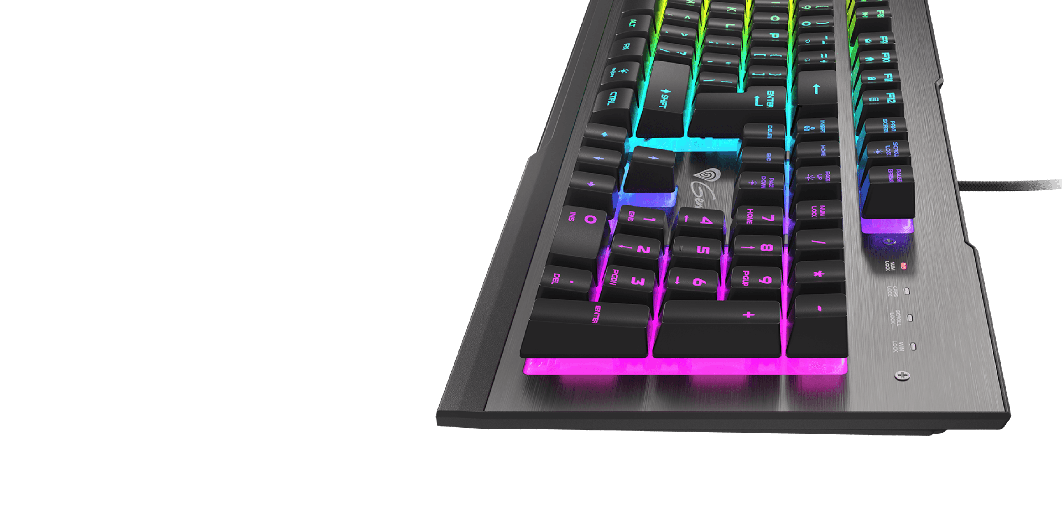 Keyboard with colorful backlighting and a stylish design featuring a sleek body.