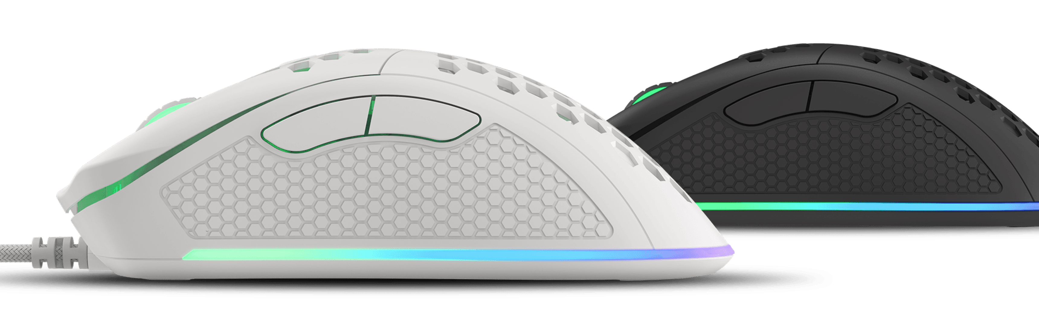 Two computer mice, one white and one black, each with glowing lights and textured surfaces.