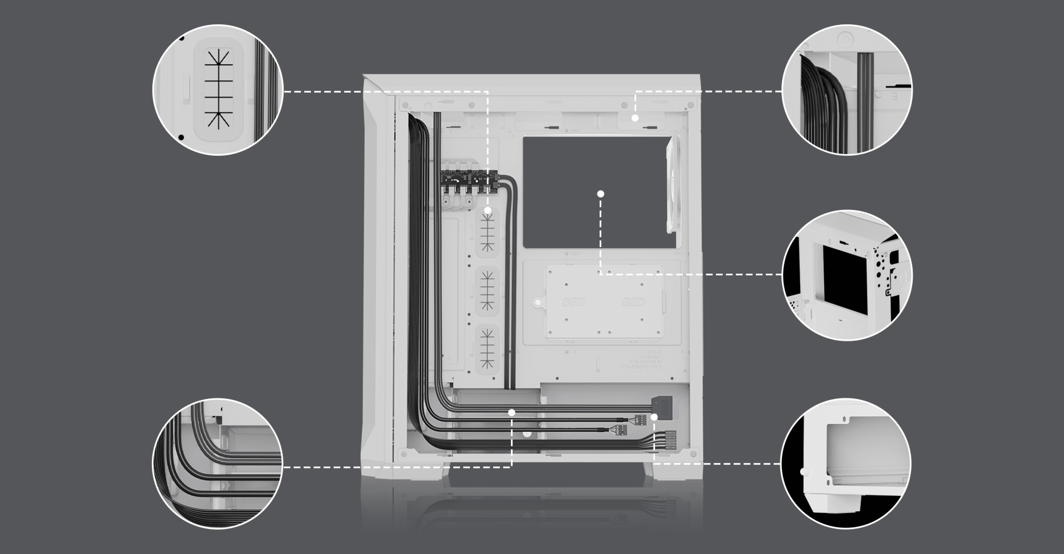 White Genesis Irid 505 ARGB V2 midi tower case with various internal features and cable management options highlighted