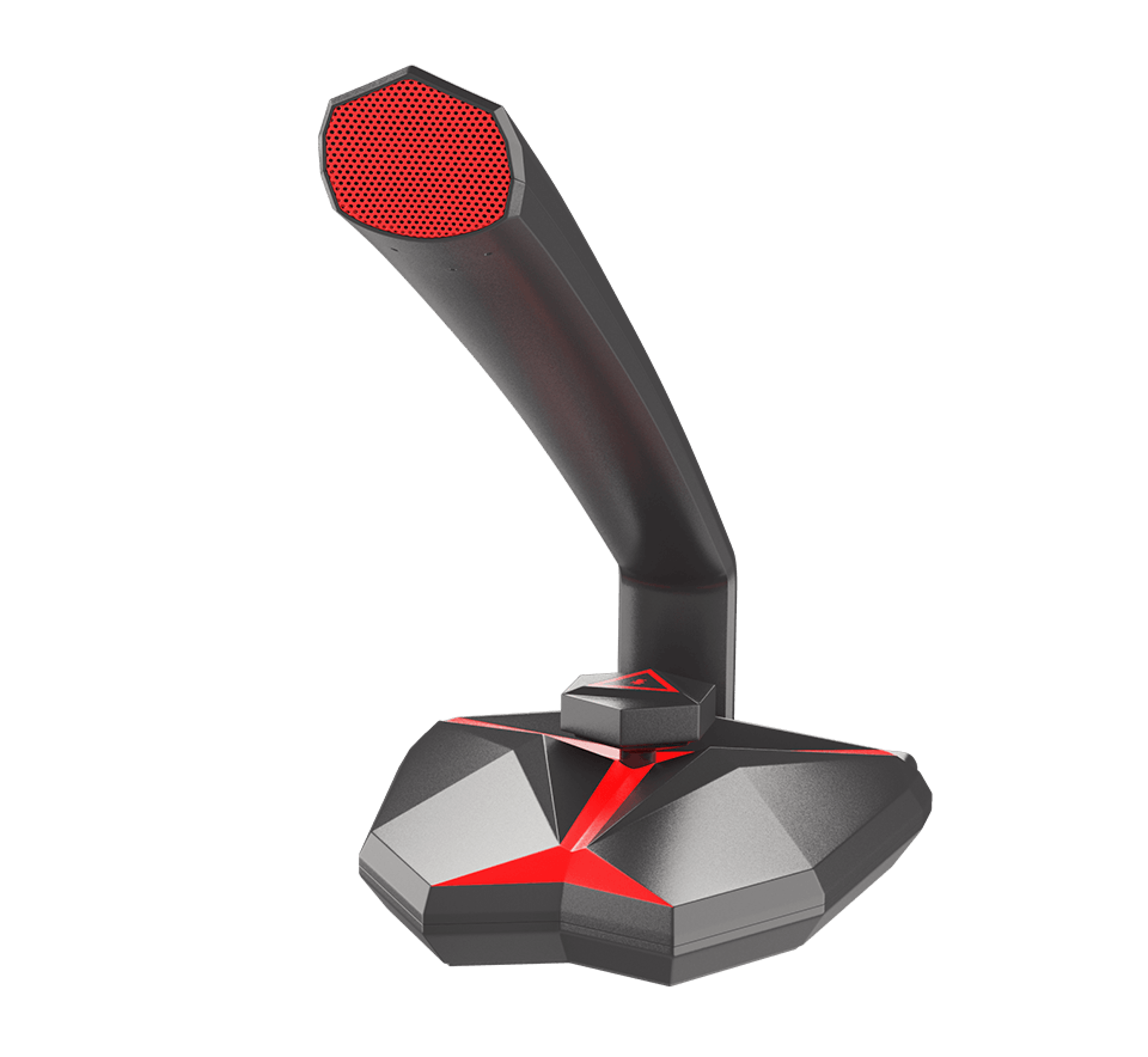 Black and red Genesis Radium 200 microphone with a sleek, angular design and a prominent mesh grille on top