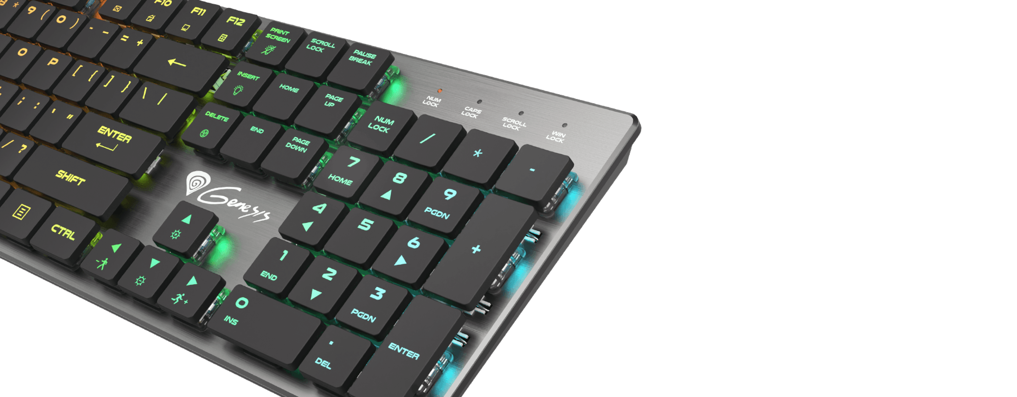 Slim RGB gaming keyboard with mechanical blue switches, featuring customizable backlighting and a sleek design