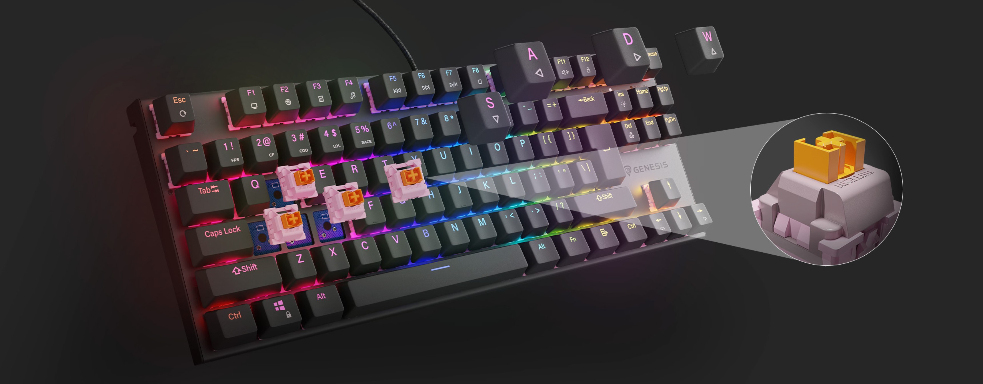 RGB mechanical gaming keyboard Genesis Thor 303 TKL, featuring silent switches and highlighted keys