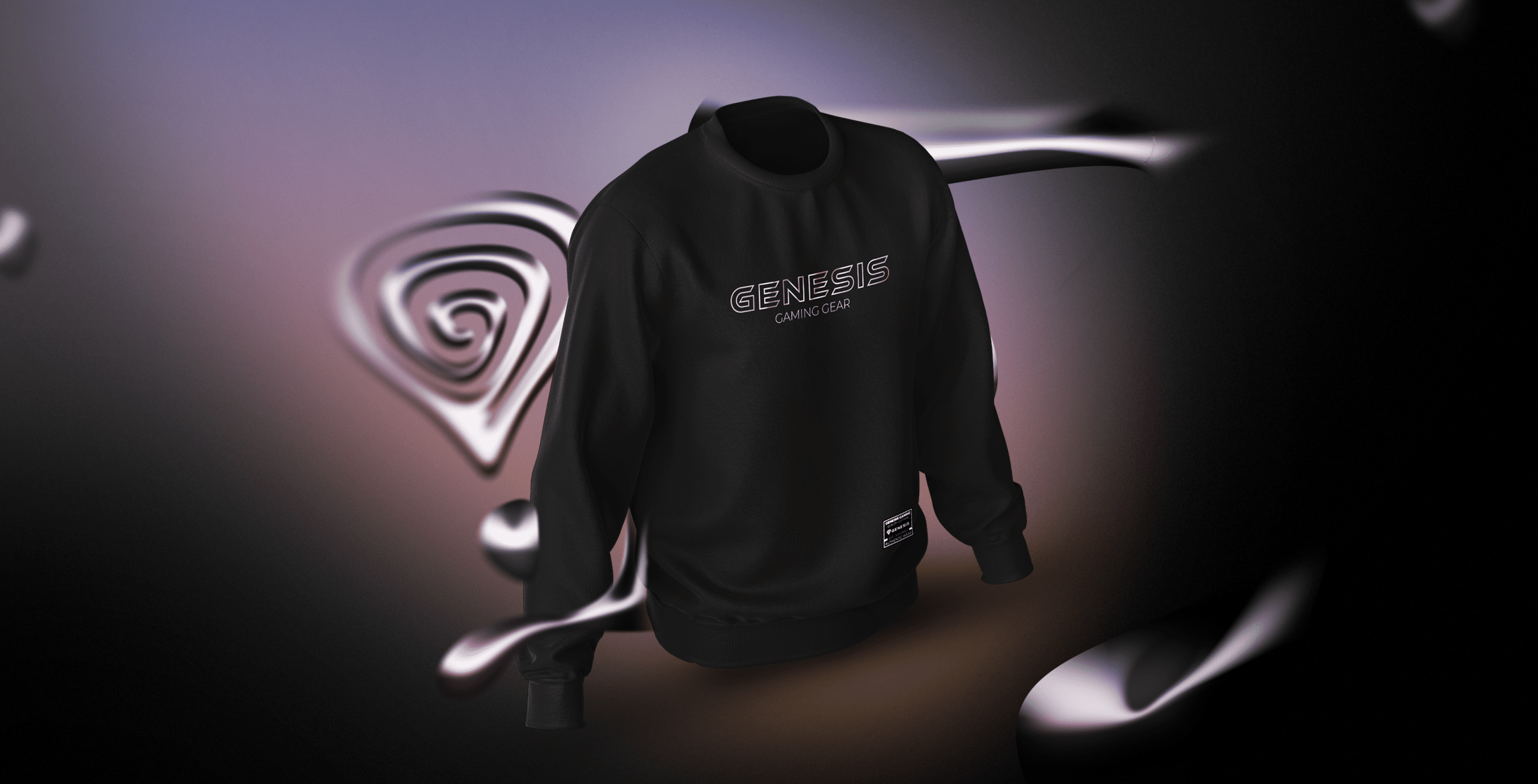 Black sweatshirt featuring the word "GENESIS" in bold lettering, set against a smooth, abstract background