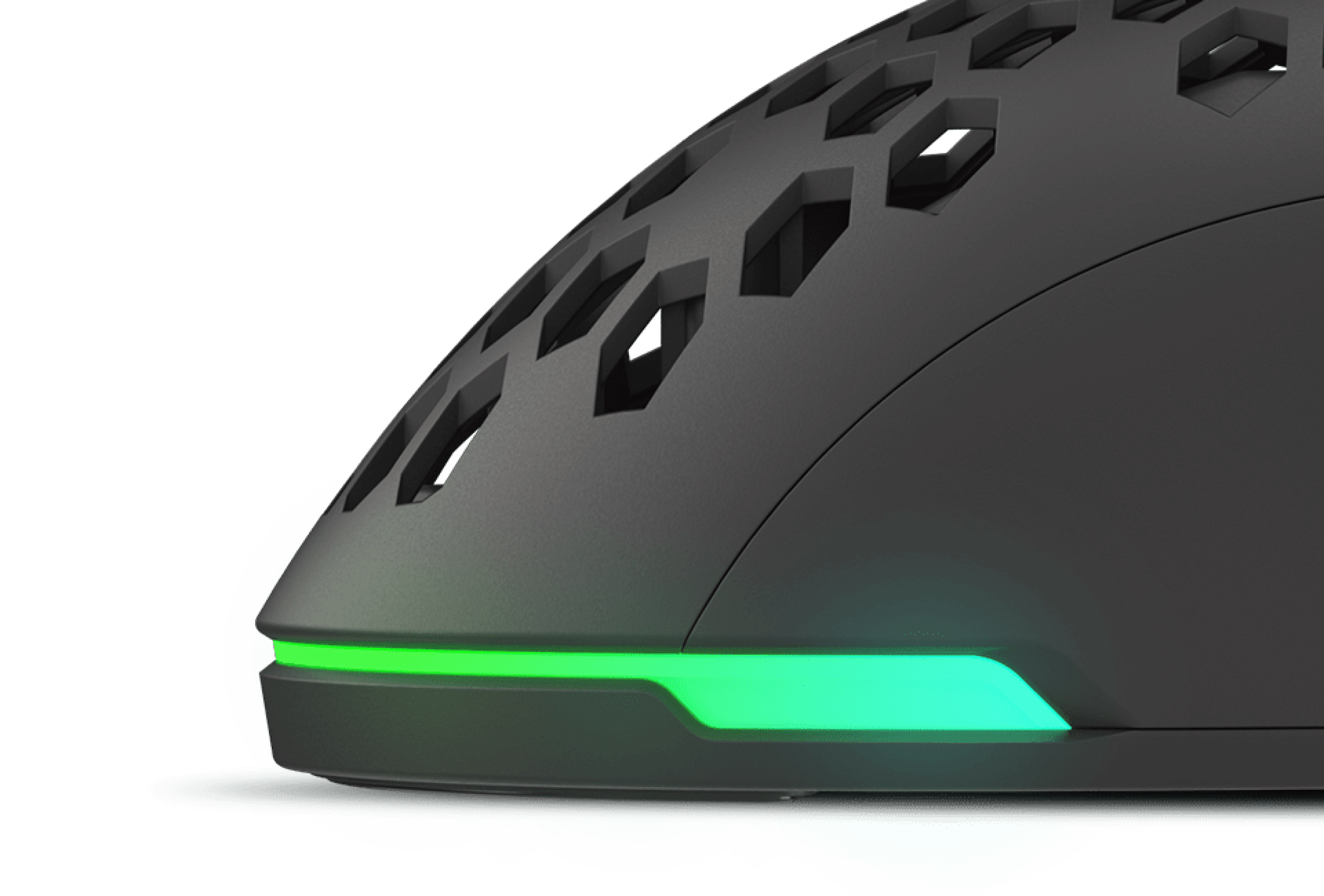Black gaming mouse with a honeycomb design, RGB lighting along the bottom edge, and a sleek profile