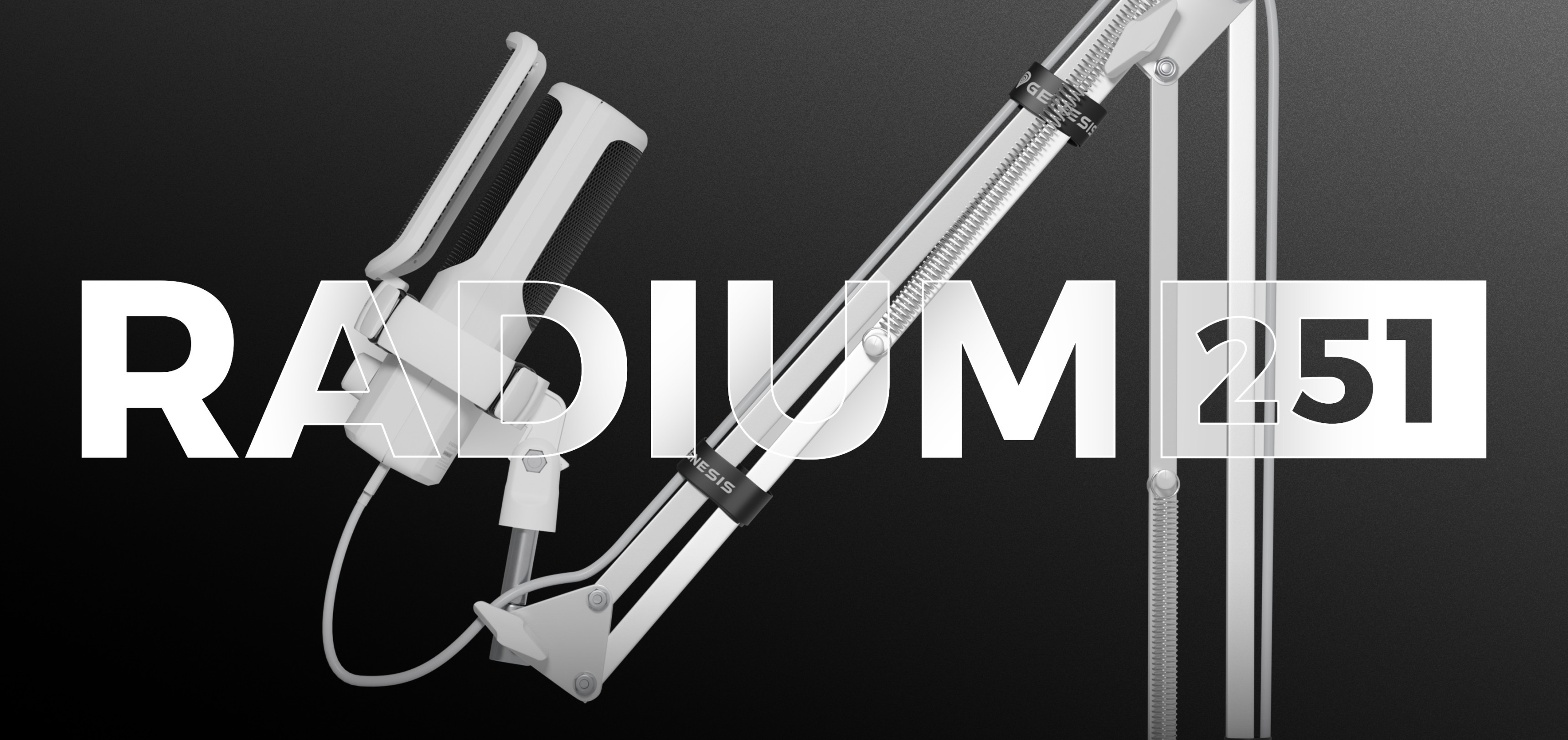 White Genesis Radium 251 USB microphone mounted on an adjustable arm, with bold text displaying "RADIUM 251" in the background