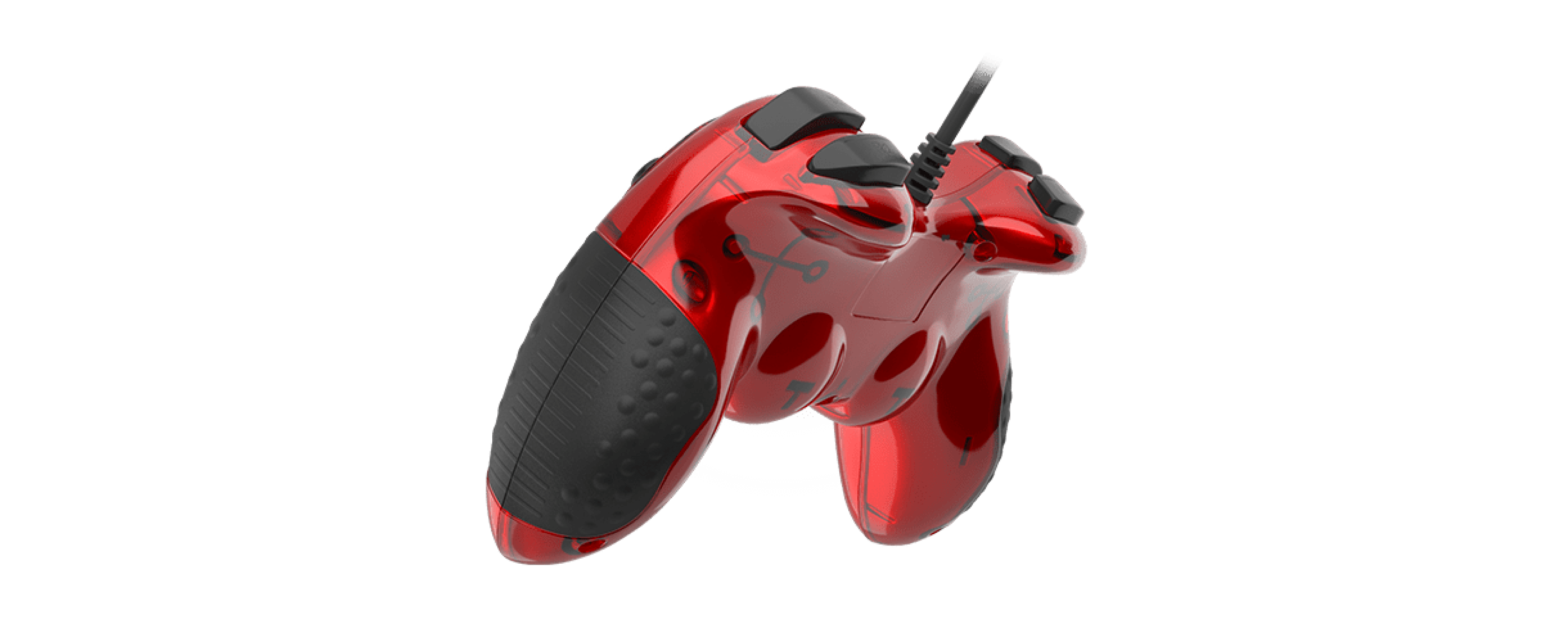 Wired gaming controller in a translucent red finish with textured grips and multiple buttons for PC gaming
