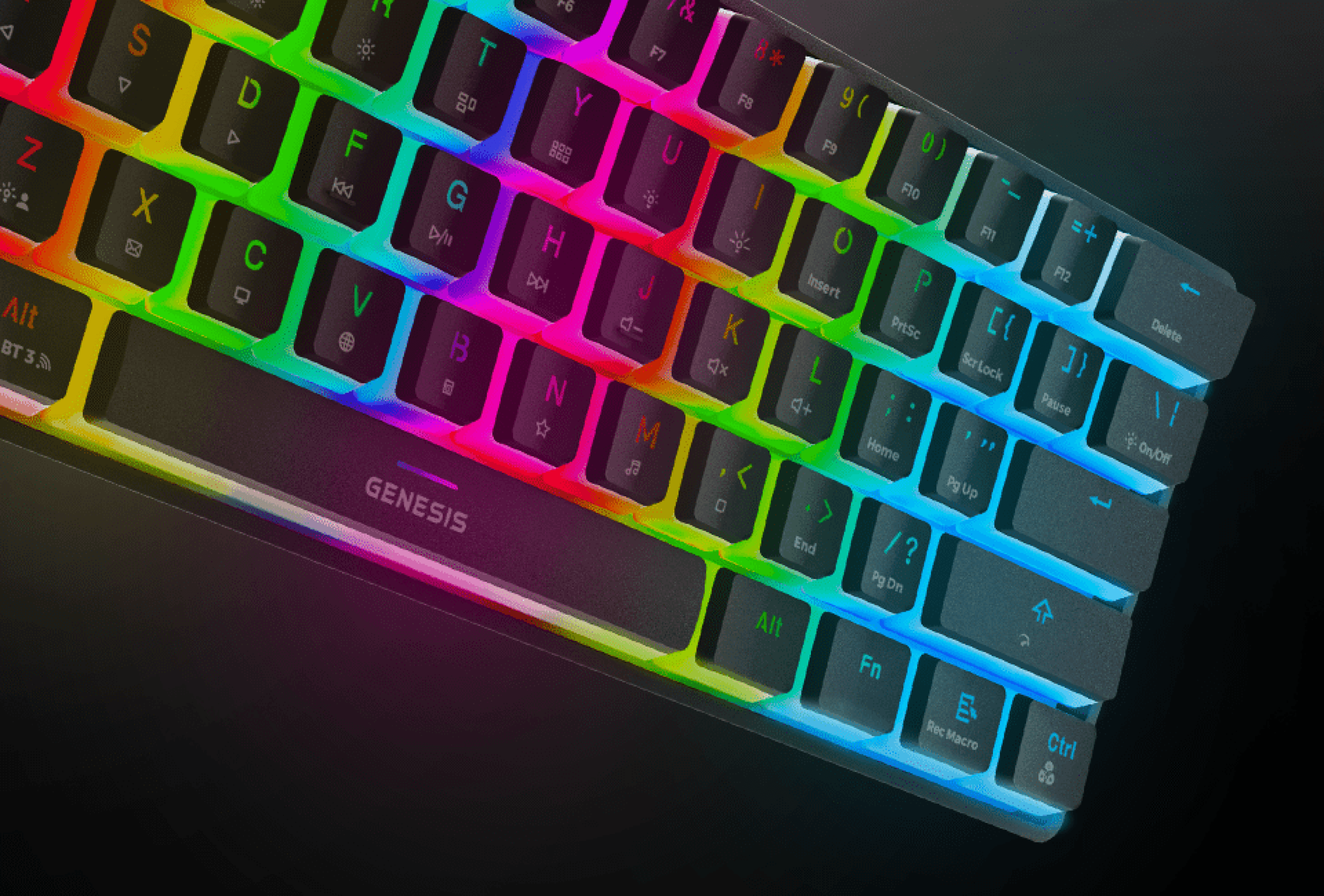 Keyboard with colorful lighting effects on the keys and a sleek design.