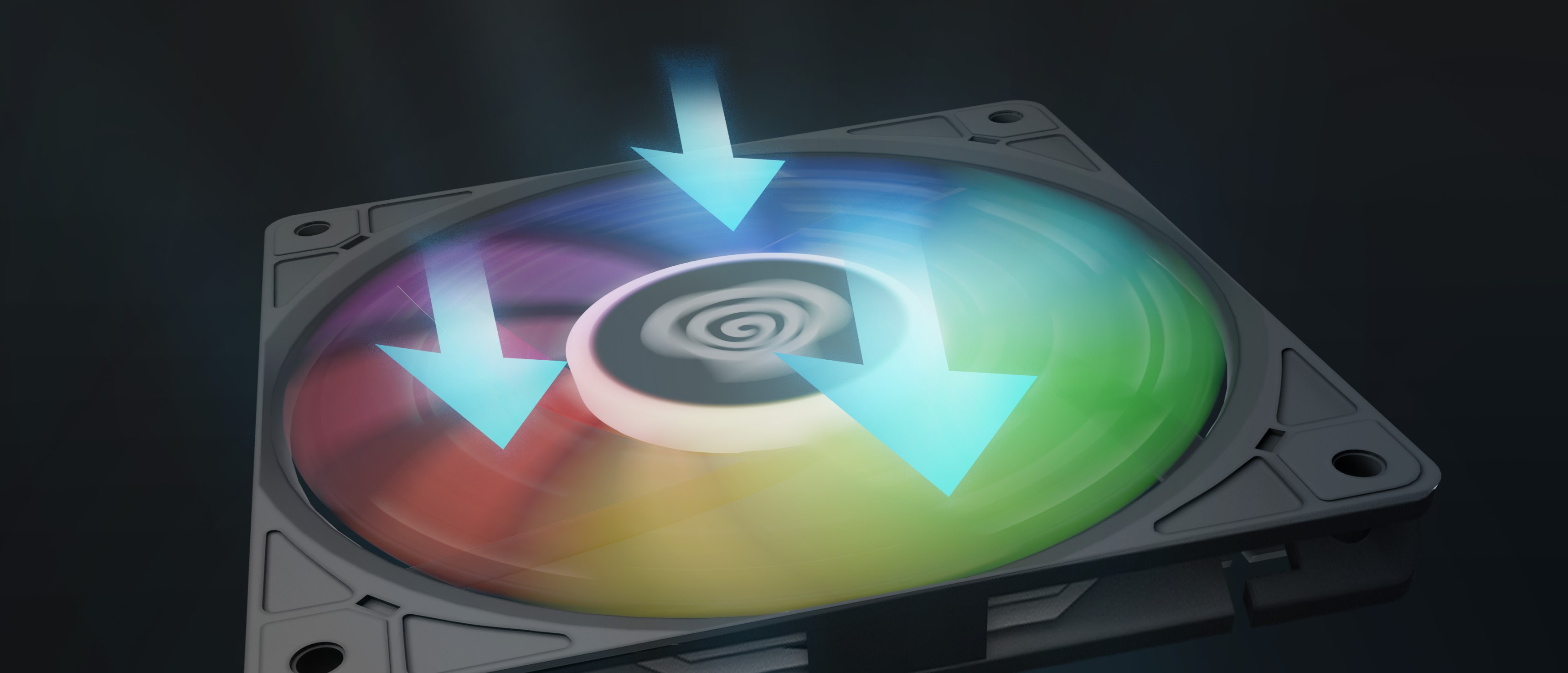 Black ARGB fan with a colorful, swirling light effect, showcasing a sleek design for improved airflow
