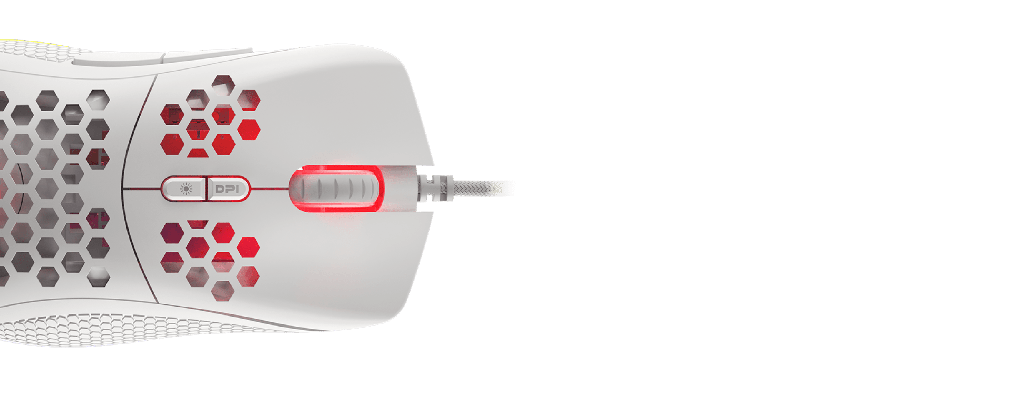 White gaming mouse with programmable features, featuring an RGB light and honeycomb design for enhanced grip and style
