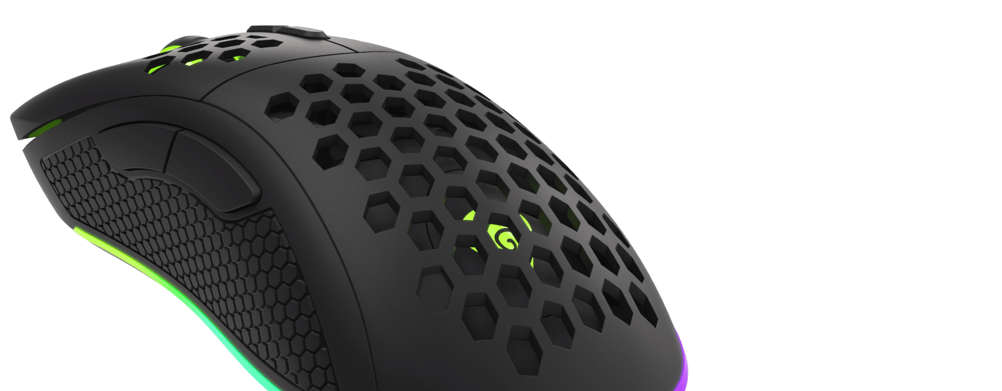 Black gaming mouse with honeycomb design, RGB lighting, and adjustable DPI up to 8000. Ergonomic shape for comfortable use