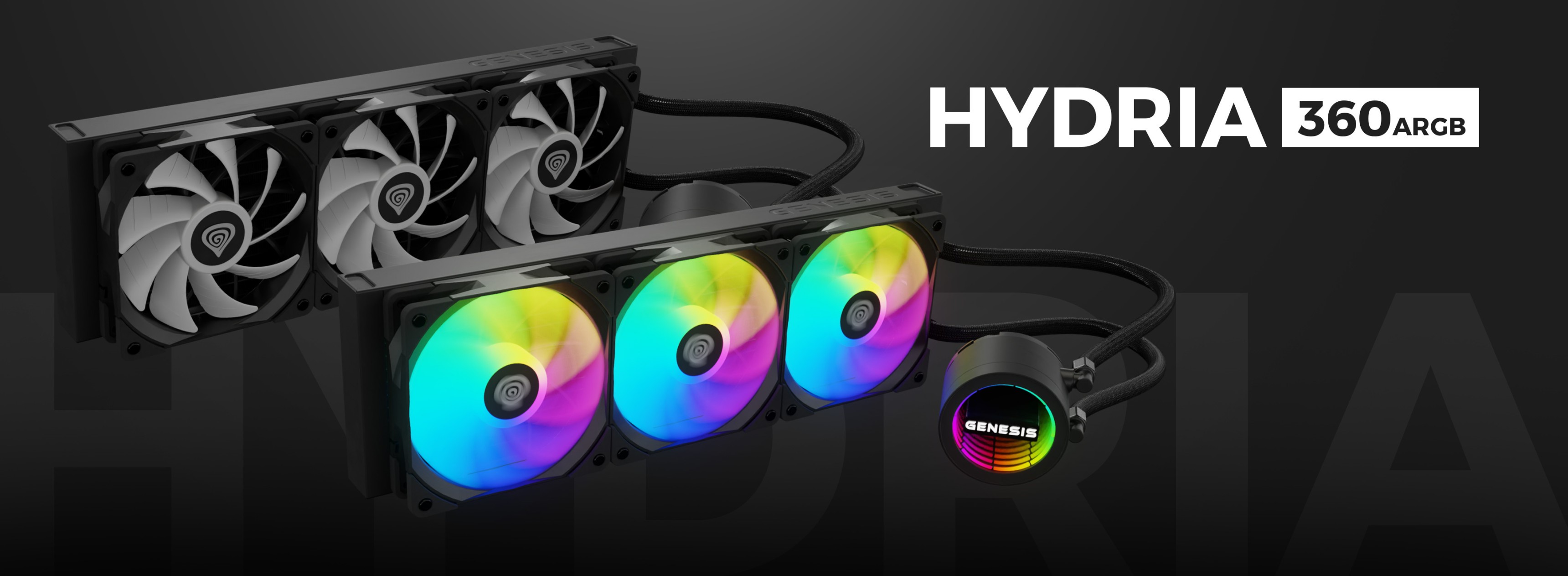 Water cooling system Genesis Hydria 360 ARGB in black, featuring three RGB fans and a sleek pump design