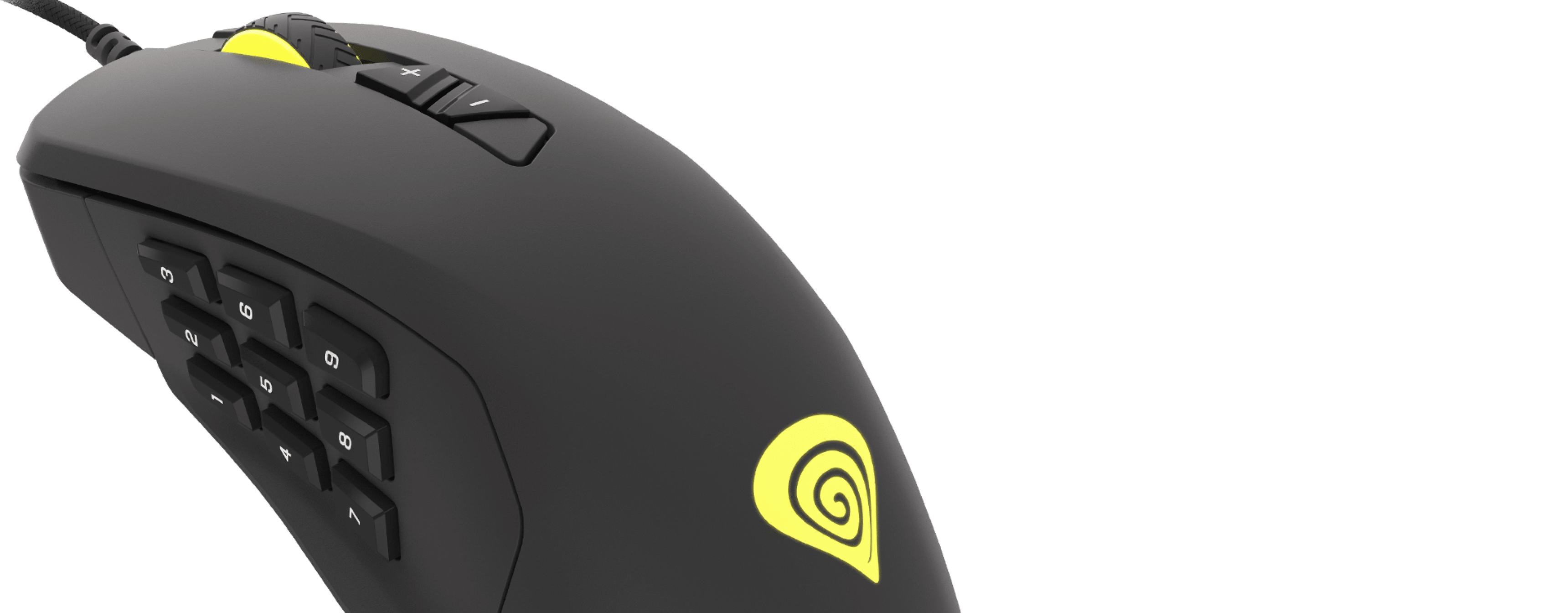 Gaming mouse with a side panel of buttons and a textured surface for grip.