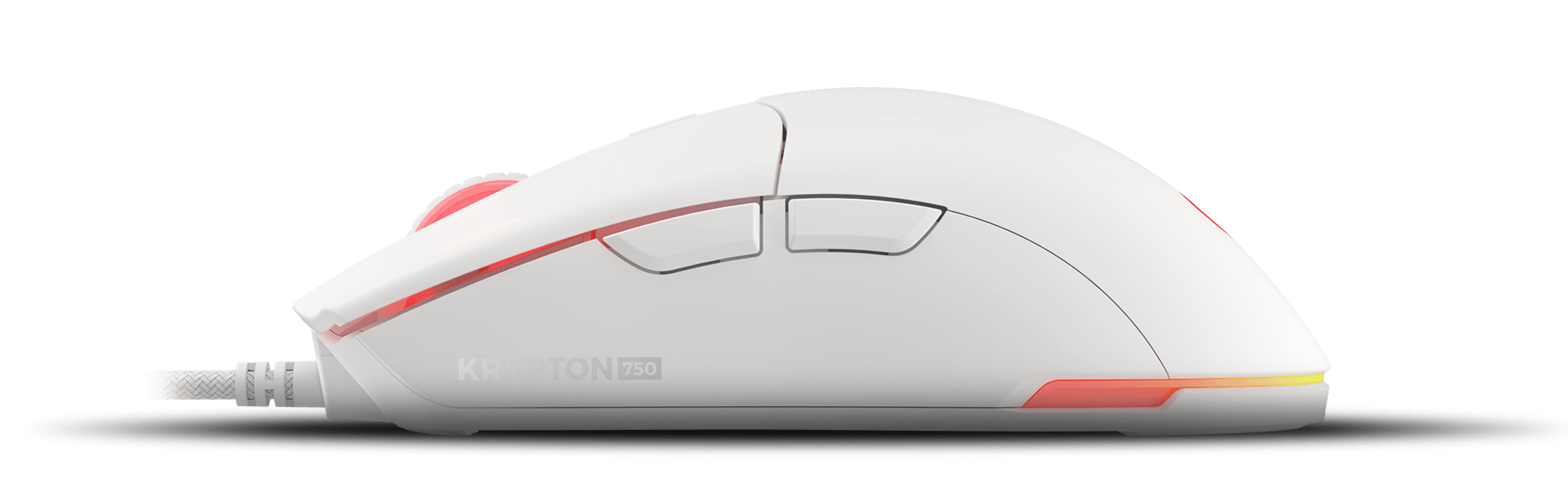 White gaming mouse with RGB lighting, featuring an ergonomic design and a sensitivity of 8000 DPI