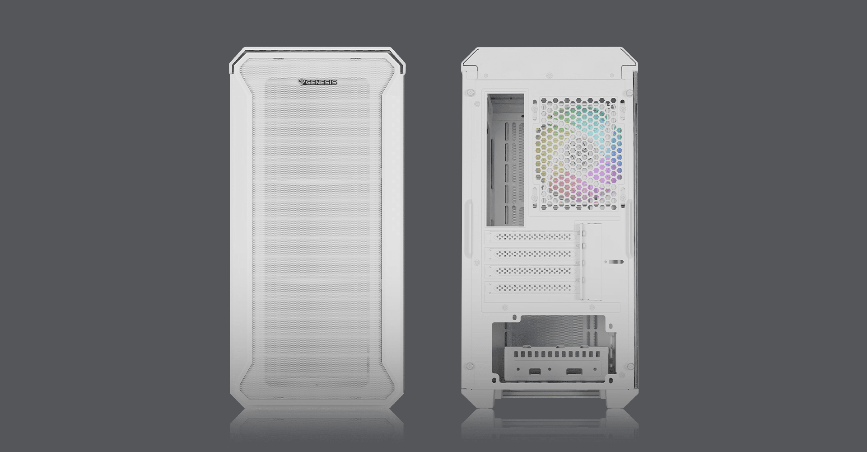 White MATX mini tower computer case with a window and ARGB fans, featuring a sleek and modern design