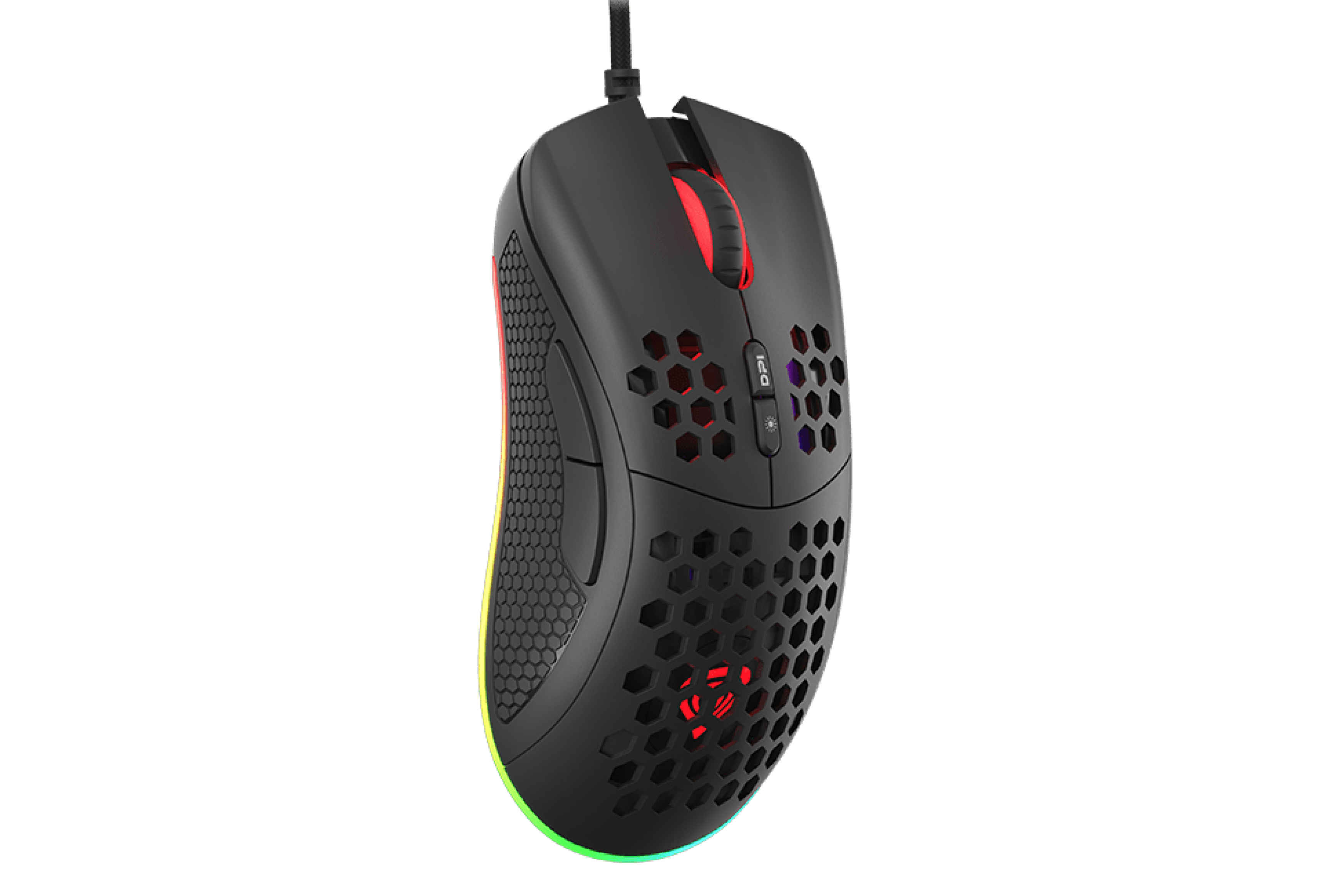 Black gaming mouse with RGB lighting, featuring a honeycomb design and up to 8000 DPI sensitivity, ideal for gamers