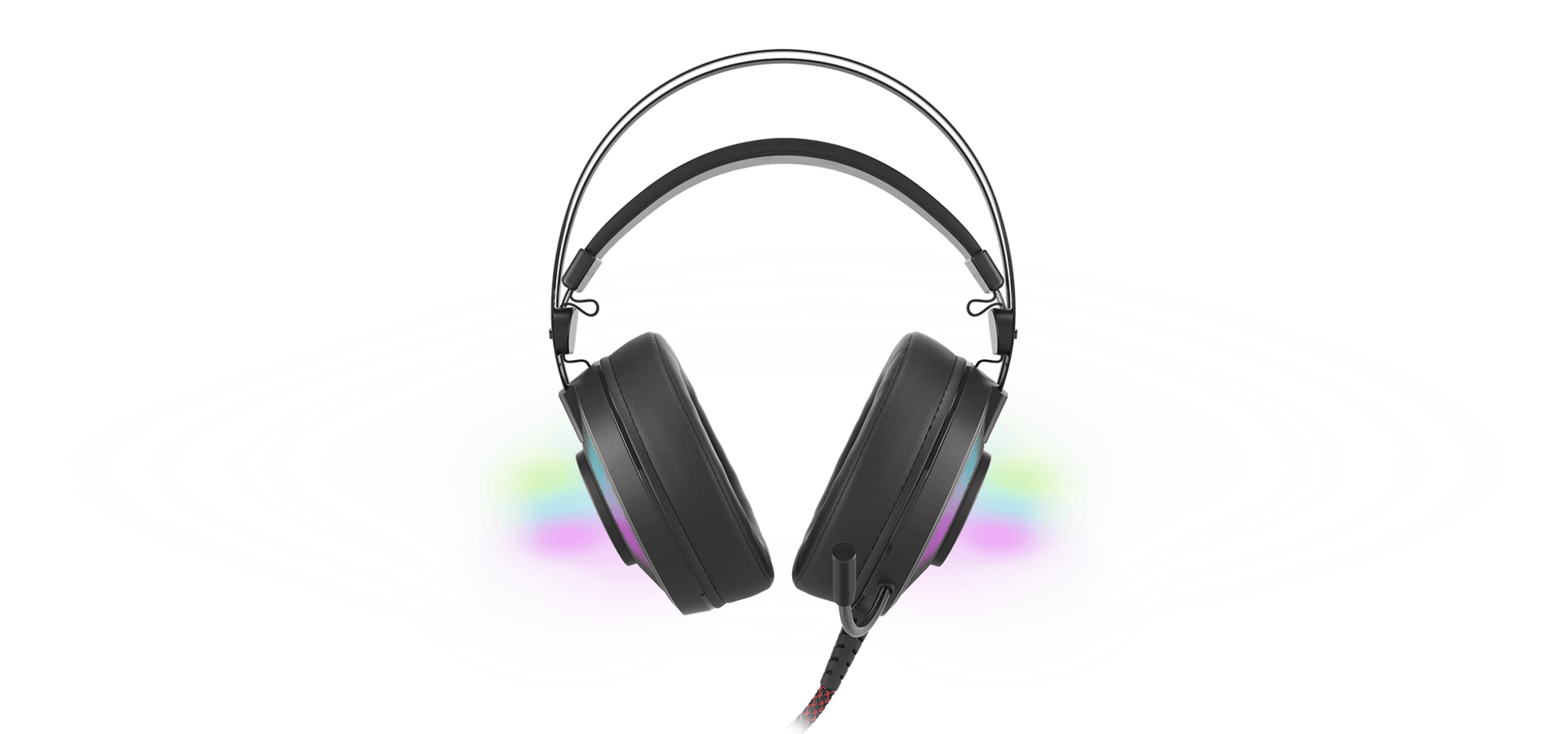Headphones with a wide headband and colorful lighting around the ear cups.