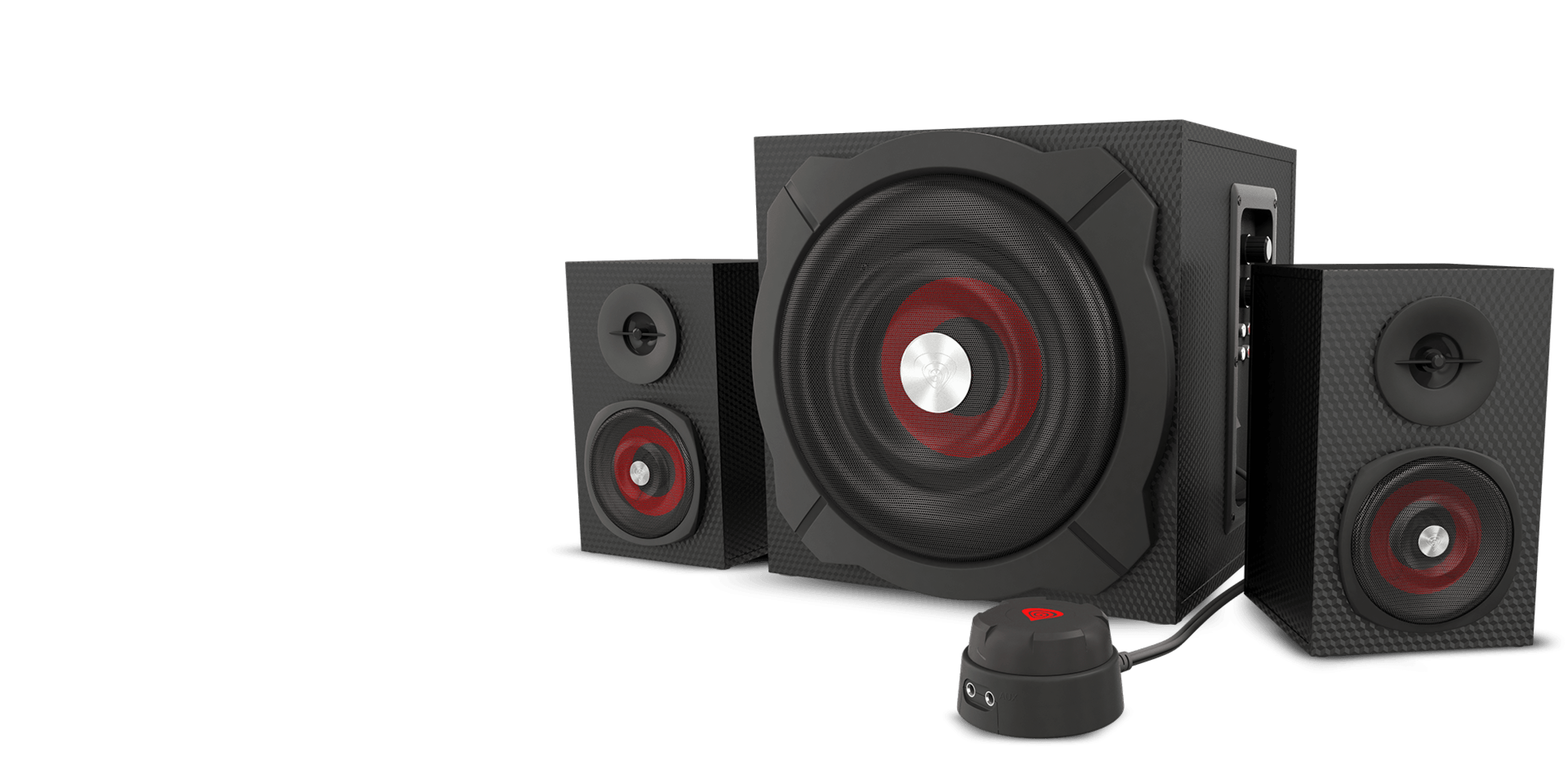 Three speaker system with a large central unit and two smaller side speakers.