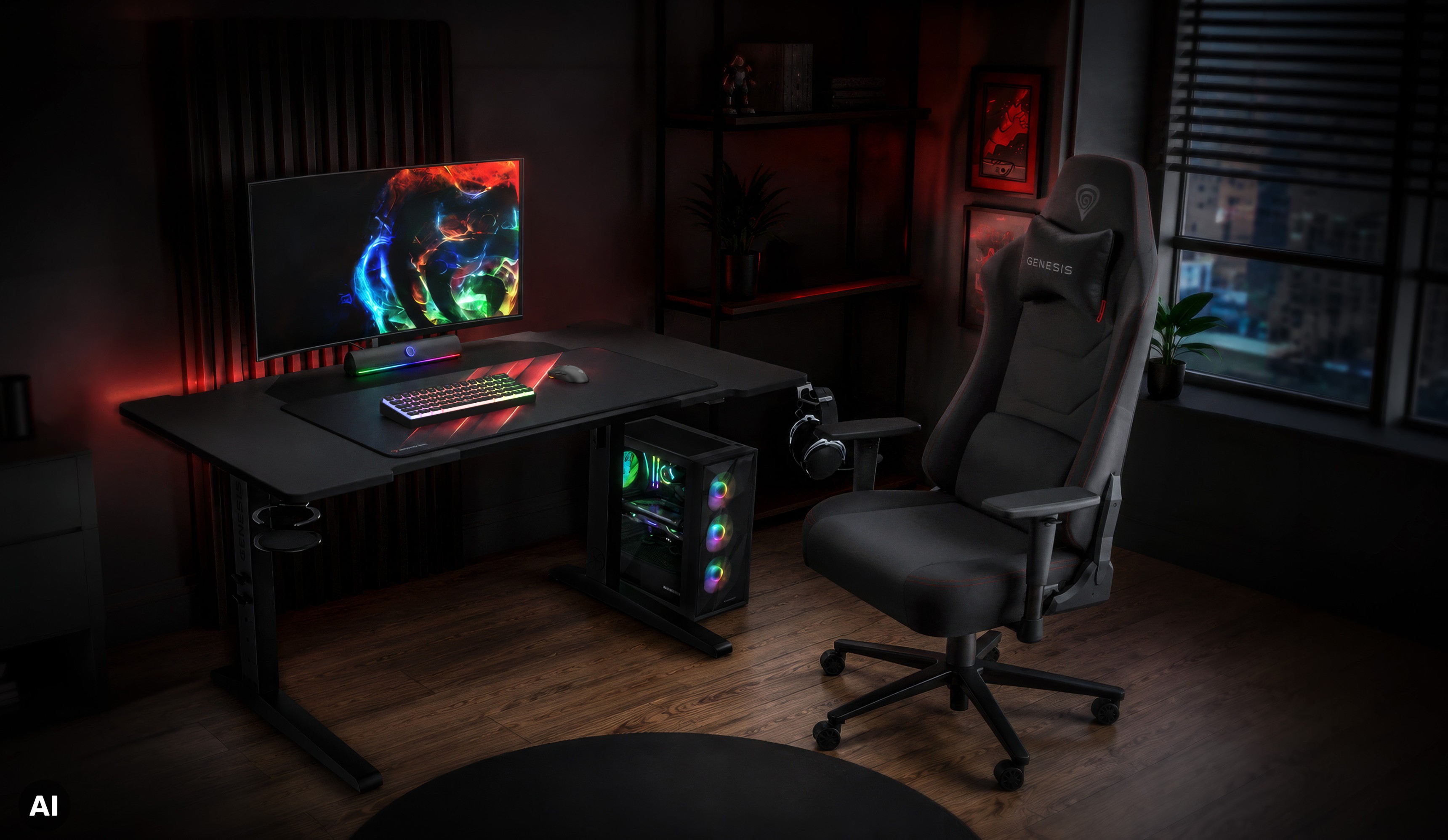 A sleek gaming setup featuring a desk, a monitor with colorful visuals, and a gaming chair.