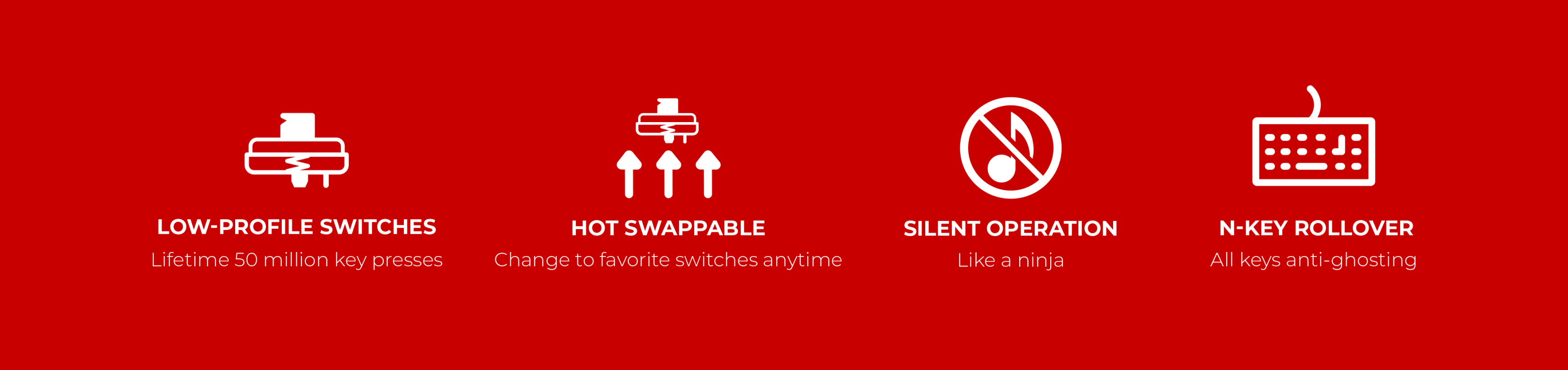 Red background with four white icons related to keyboard features.