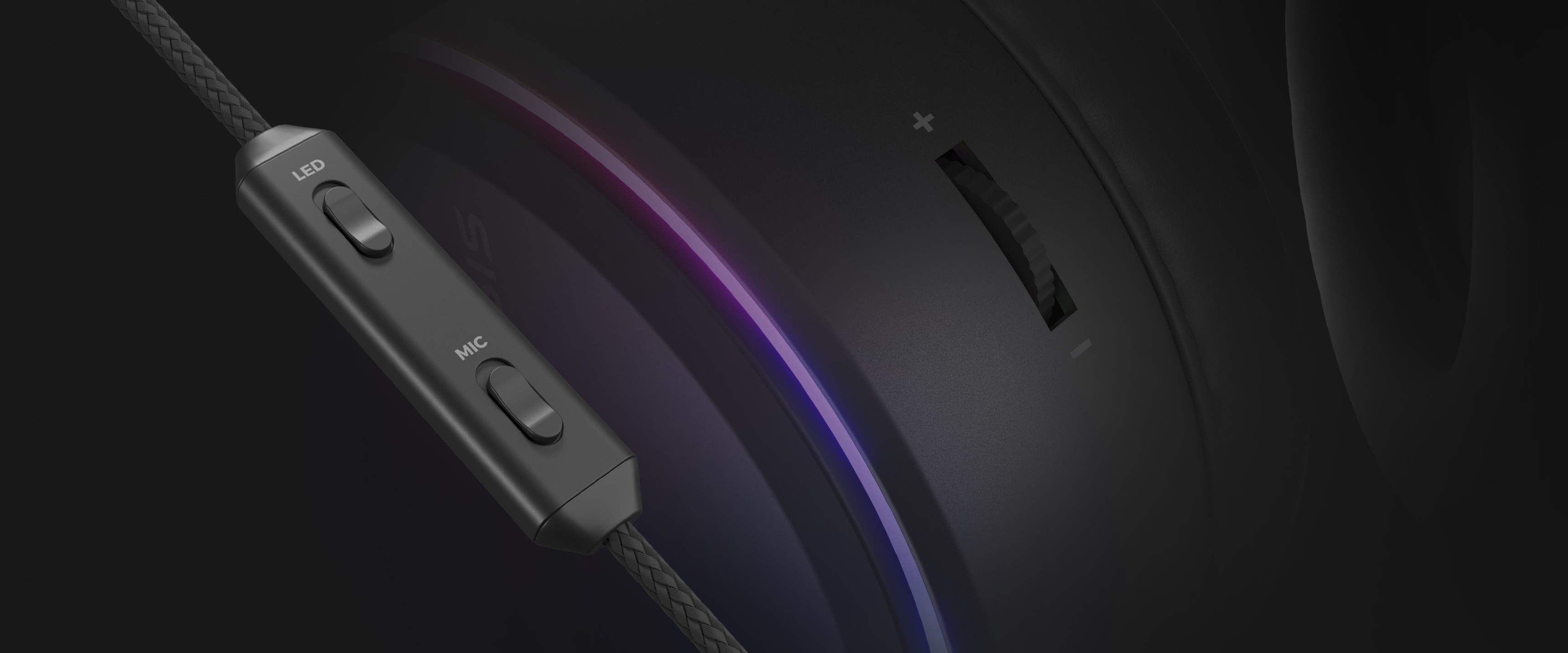 Close-up of the Genesis Neon 613 G2 gaming headset showing RGB lighting and inline controls for volume and microphone