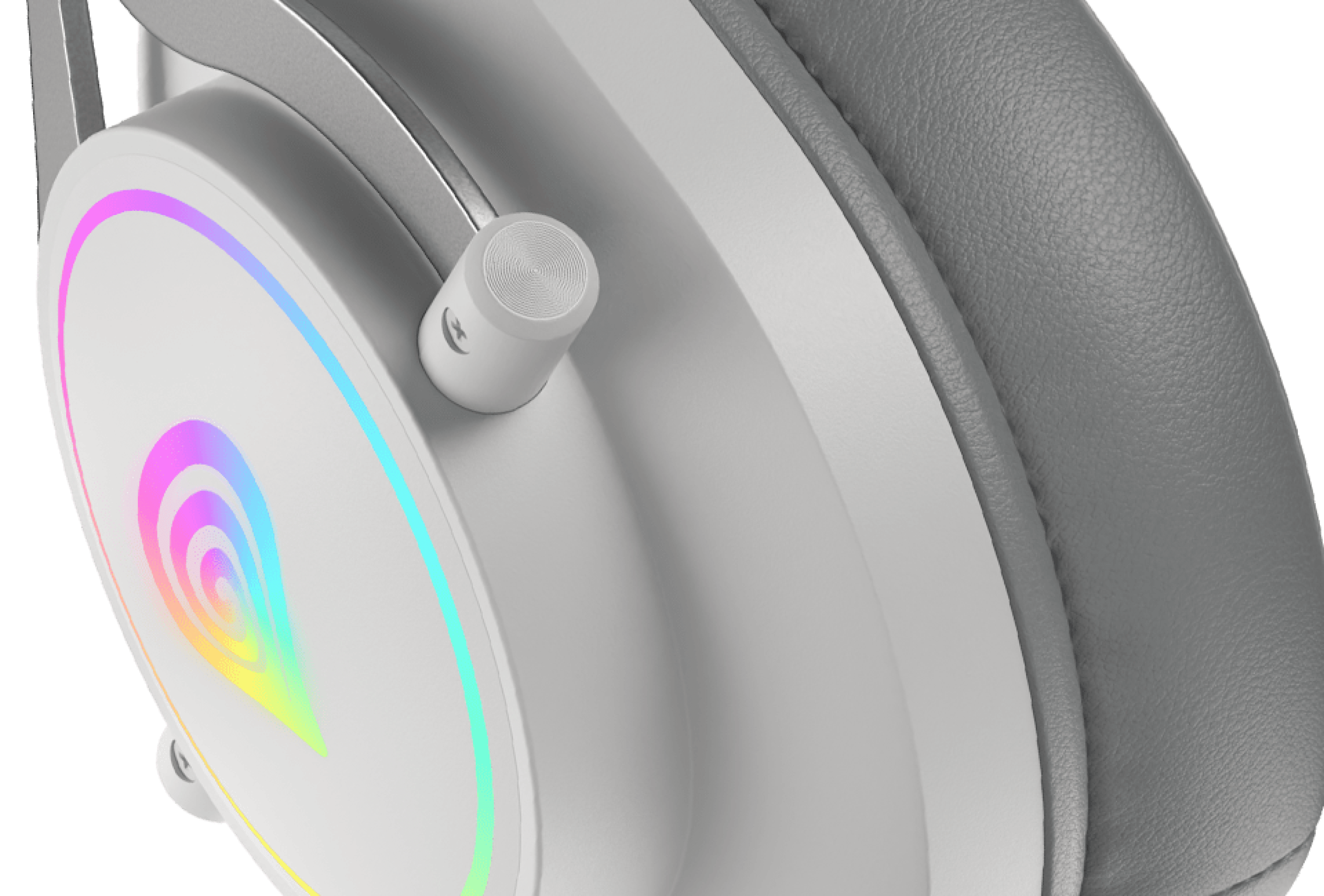 Headphones with a round ear cup featuring a colorful light ring and a control knob.