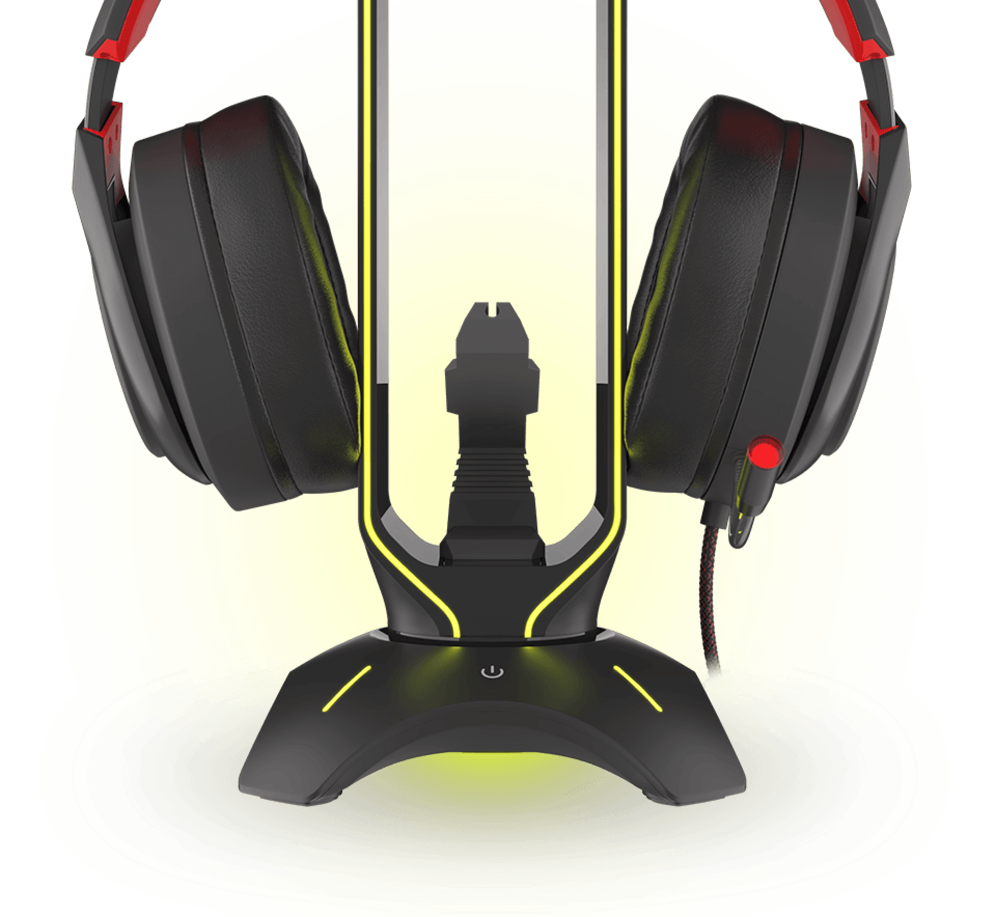 Headset stand with a bungee cord holder, USB hub, and colorful LED backlighting, designed for gaming accessories