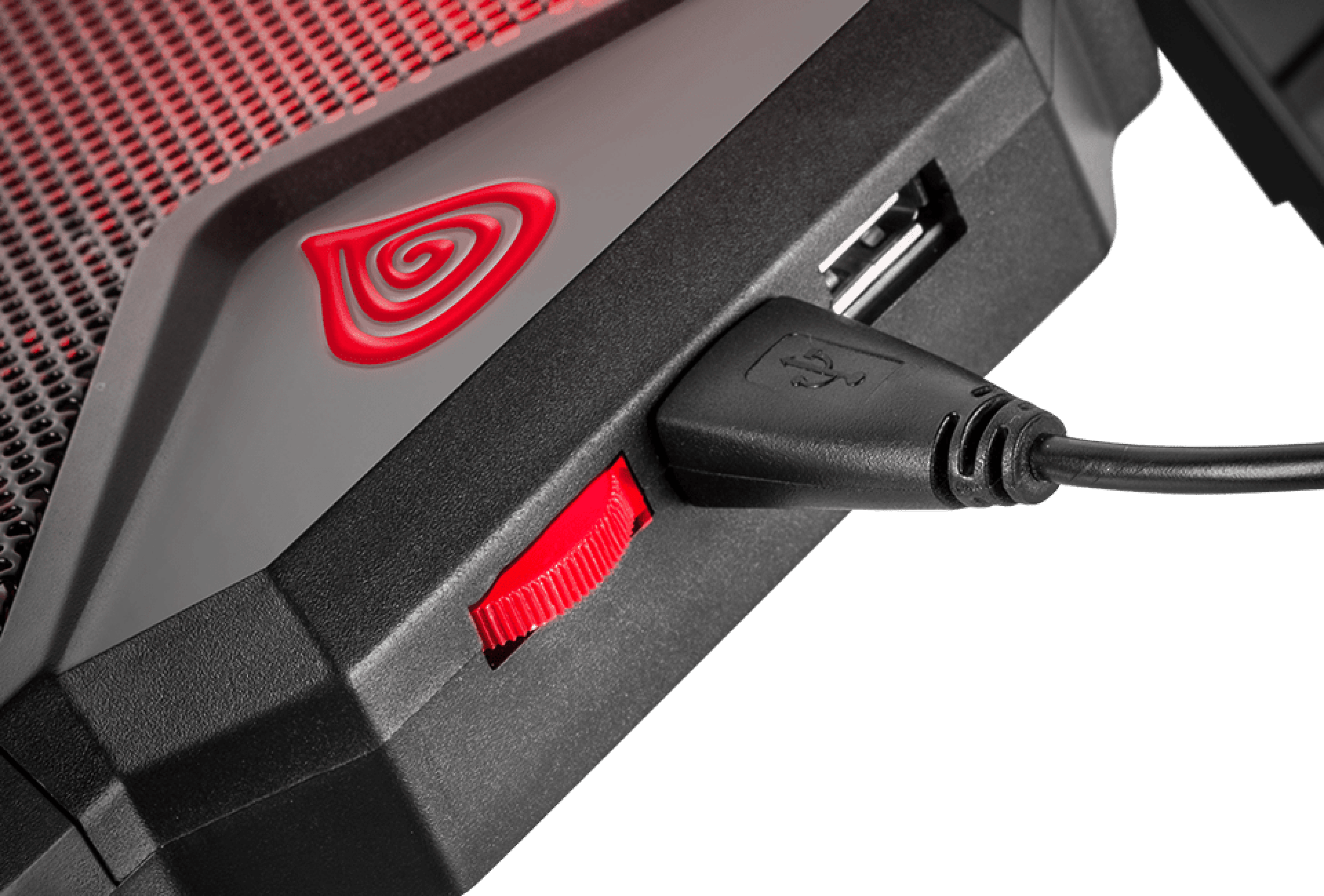 Device with a connection cable, a red switch, and a logo on the surface.